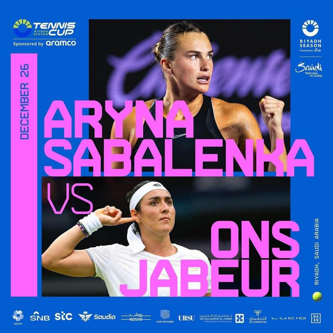 オンスジャブールのインスタグラム：「Hey Guys, I will compete in the Riyadh Season Tennis Cup against @sabalenka_aryna See you in Saudi! 🇸🇦 🎾  Book your tickets for December 26👇 https://webook.com/en/events/rs-tennis-cup-females @turkialalshik  #RiyadhSeason #bigtime」