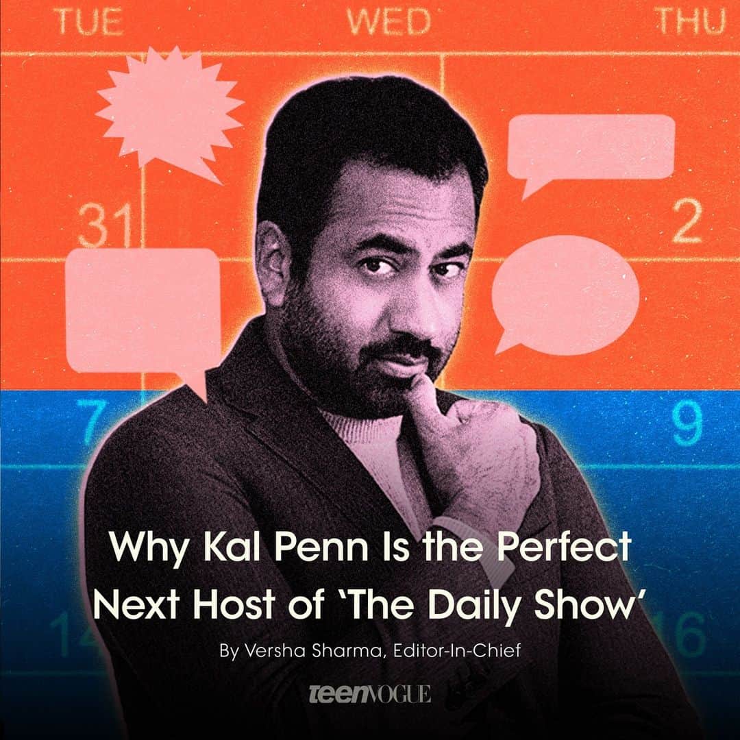 Teen Vogueのインスタグラム：「“I’m still a believer in The Daily Show’s ability to bring people together and process brain-melting world events through laughter, and in Kal Penn’s ability to steer its relevance and impact.” In this #OpEd, Teen Vogue’s editor-in-chief @versharma, a longtime Daily Show fan, makes the case for the next permanent host of the Comedy Central show at the link in bio.」