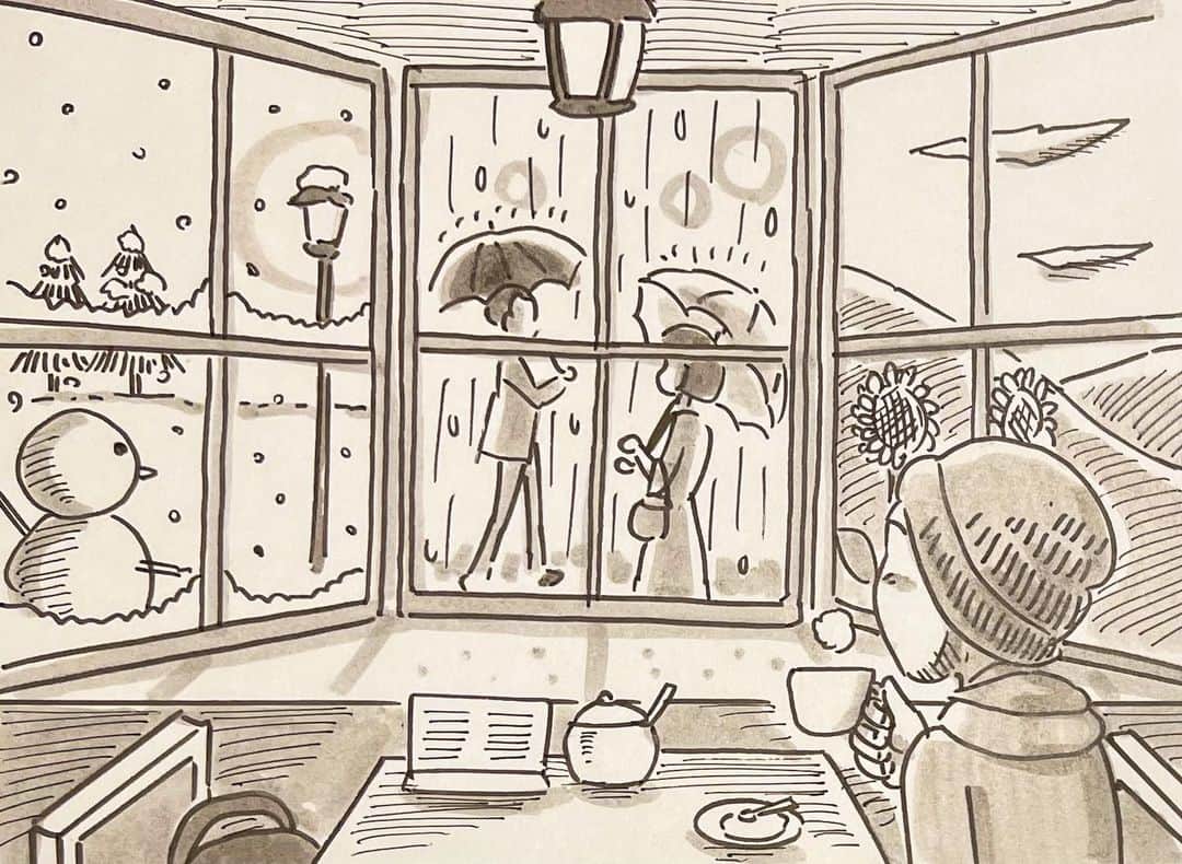 鉄拳さんのインスタグラム写真 - (鉄拳Instagram)「僕は喫茶店が好きです。✨  お茶したい時や、余裕がある待ち時間、打ち合わせでもよく喫茶店を使います。  暑くて喉がカラカラになった時、🍹  突然の大雨で、雨宿りついでに、🍵  大雪になった時も喫茶店に入って暖をとったりと、☕️  喫茶店を利用しつつ、守られていると言っても過言ではありません。  そんな喫茶店から見る風景は、  雨の日も、  雪の日も、  暑い日も、  爽やかな日も、  ビルだらけでも、  とても雰囲気が良く、どの景色にも似合っていると思います。  ☕️☺️  #鉄拳　#イラスト　#喫茶店　#美味しいナポリタンがあるともっと良い　#いつかはやりたい喫茶店☺️☕️」12月16日 17時25分 - tekkenparapara