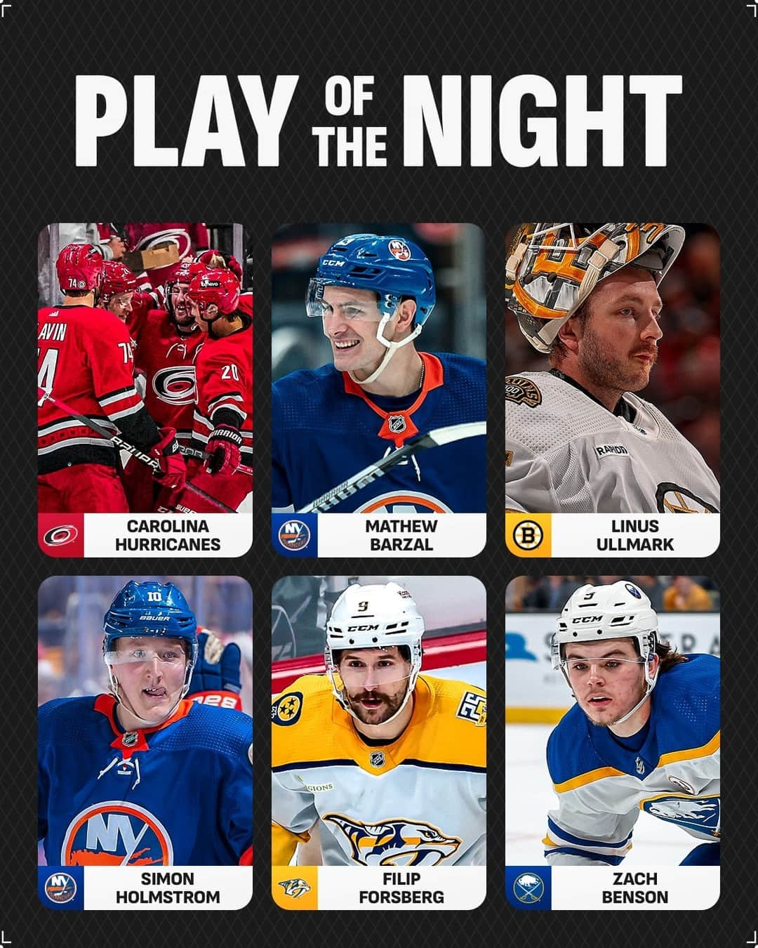 NHLのインスタグラム：「-Pristine passing from the @canes 🏒 -Mathew Barzal’s (@barzal97) cheeky no-look pass 🙈 -Linus Ullmark (@lullmark) getting JUST enough of the puck 🤏 -@simon_holmstrom’s nifty moves to bury it 👏 -@forsbergfilip’s overtime winner 🚨 -@zachbenson_6’s beautiful backhander for the GWG 🙌  The Play of the Night belongs to _____.」