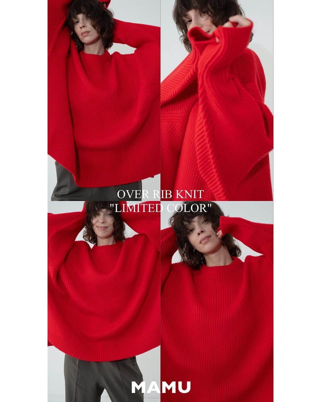 MAMUのインスタグラム：「OVER RIB KNT "LIMITED COLOR" ❤️  ◼︎2023/12/17(SUN)21:00〜 ◼︎ご購入の方限定、次回使える10%OFFクーポンプレゼント ◼︎納期：即納  大人気のOVER RIB KNITのクリスマス限定カラーが登場。オレンジ味のある赤色で大人で女性らしい印象に。着心地の良いリブニット素材で、暖冬の今年は特に楽しんでいただける１着に。クリスマスシーズンを楽しんでください🎄❤️」
