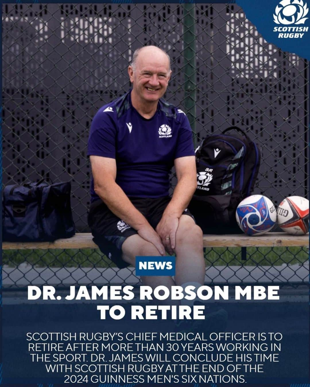 トム・エバンスのインスタグラム：「DR. James Robson MBE is one of a kind.   I will always be incredibly grateful for what he did for me that day in Cardiff in 2010. His ability and desire to always put the players wellbeing above anything else, is truly remarkable. I owe him the life I have today for his efforts and experience. Away from the field, he’s just a brilliant person to have around. Always bringing a positive energy and a fun comradery to everything he does. A cracking table tennis player too may I add! The @scotlandteam has been very fortunate to have a man like him at the realm for over 30 years and he deserves every accolade for his contributions to Scottish Rugby. Thank you for everything Doc and I wish you all the very best in your retirement 🙏🏼🏴󠁧󠁢󠁳󠁣󠁴󠁿」