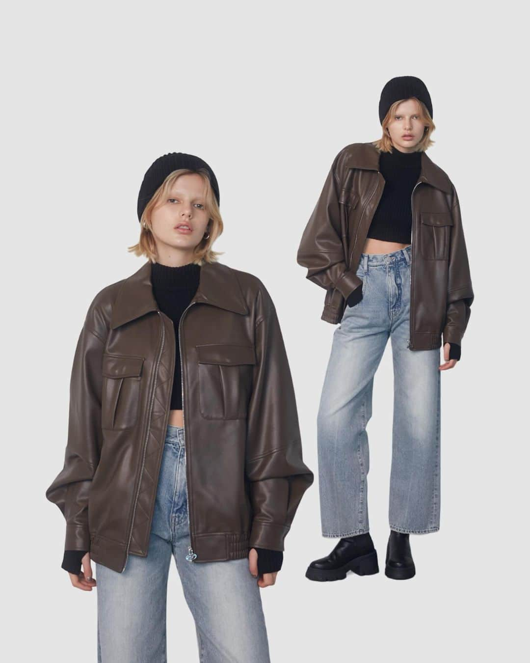 EMODAのインスタグラム：「ㅤㅤㅤㅤㅤㅤㅤㅤㅤㅤㅤㅤ Pre order item  ・ FAKE LEATHER OVER BLOUSON ￥ 12,980 tax'in(1月発売予定) ・ HIGH NECK CROP KNIT ￥ 5,940 tax'in(1月発売予定) ・ LOOSE WIDE H/W JEANS ￥ 12,980 tax'in(1月発売予定) ・ SIDE GORE HEEL BOOTS ￥ 14,080 tax'in(発売中) ・ COMPACT KNIT CAP ￥ 4,950 tax'in(1月発売予定) ＿＿＿＿＿＿＿＿＿＿＿＿＿＿＿＿＿＿＿＿＿＿＿＿  ■FLYING SALE max70%OFF！！一足先に人気アイテムがSALE価格に！  ■NEW ITEM POINT×15 >12/1(fri)12:00-12/21(THU)23:59  ＿＿＿＿＿＿＿＿＿＿＿＿＿＿＿＿＿＿＿＿＿＿＿＿  詳細は( @emoda_official )のTOPのURL,storiesチェック✔️  ㅤㅤㅤ ㅤㅤㅤㅤㅤㅤ #EMODA #フェイクレザーブルゾン #オーバーサイズブルゾン #ワイドデニム #デニムコーデ #冬コーデ #RUNWAYchannel #2024 #January #winter @emoda_snap」