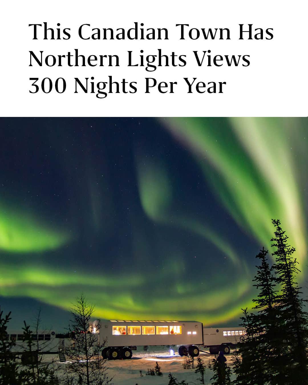 Travel + Leisureのインスタグラム：「The town, which lies directly beneath the auroral oval in the Northern Hemisphere, is also the "polar bear capital of the world." 👀 Read up on everything you need to know to plan a trip at the link in bio. 📸 @frontiersnorth」