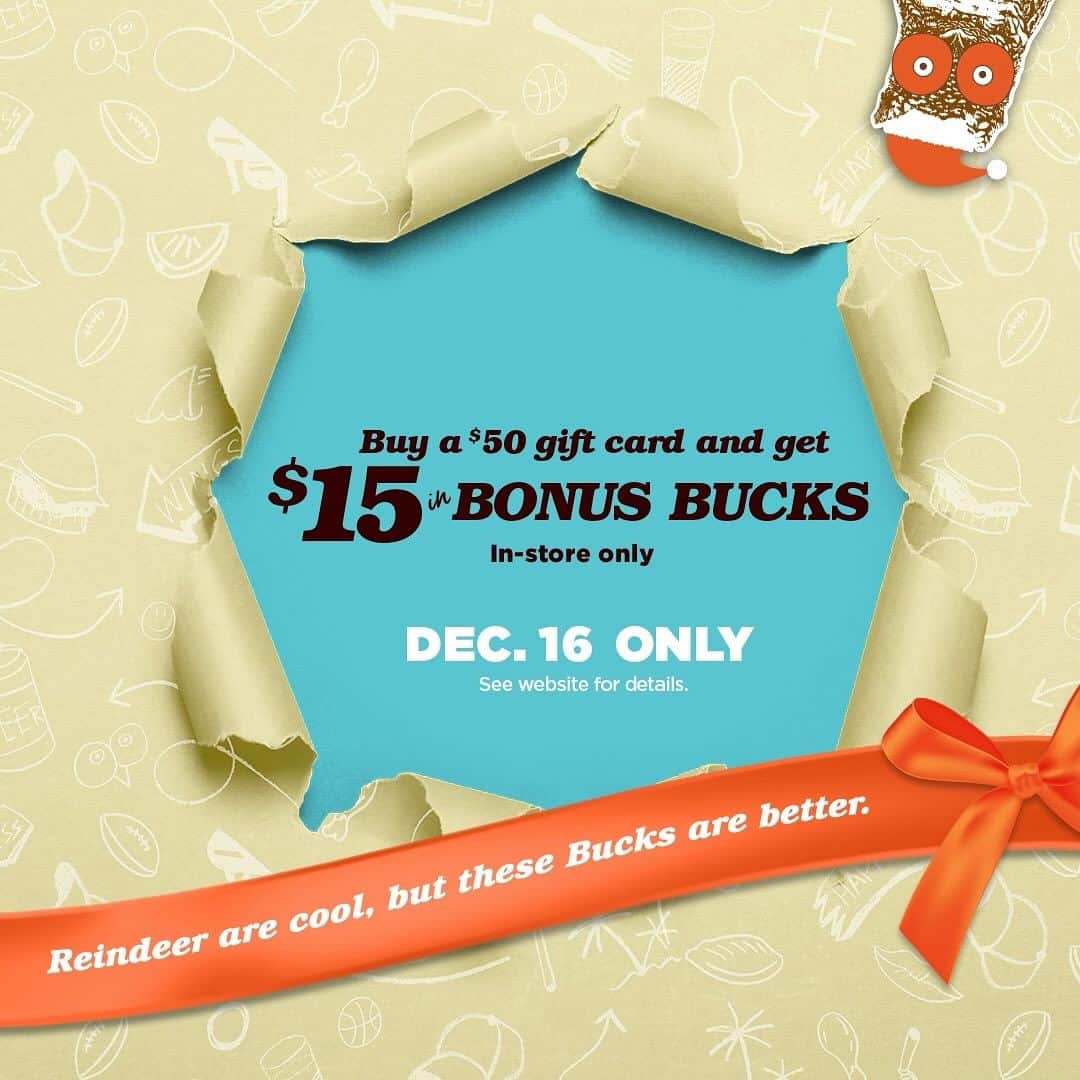 Hootersさんのインスタグラム写真 - (HootersInstagram)「On the 6th day of Hootmas, we have a big honkin’ deal. Buy a $50 gift card and get $15 in Bonus Bucks! Visit Hooters.com/hootmas for details. 🪿  DISCLAIMER: Offer valid in-store only at participating locations on 12/16/23. Bonus Bucks valid 1/1/24 – 2/29/24. Additional restrictions may apply.」12月16日 23時36分 - hooters