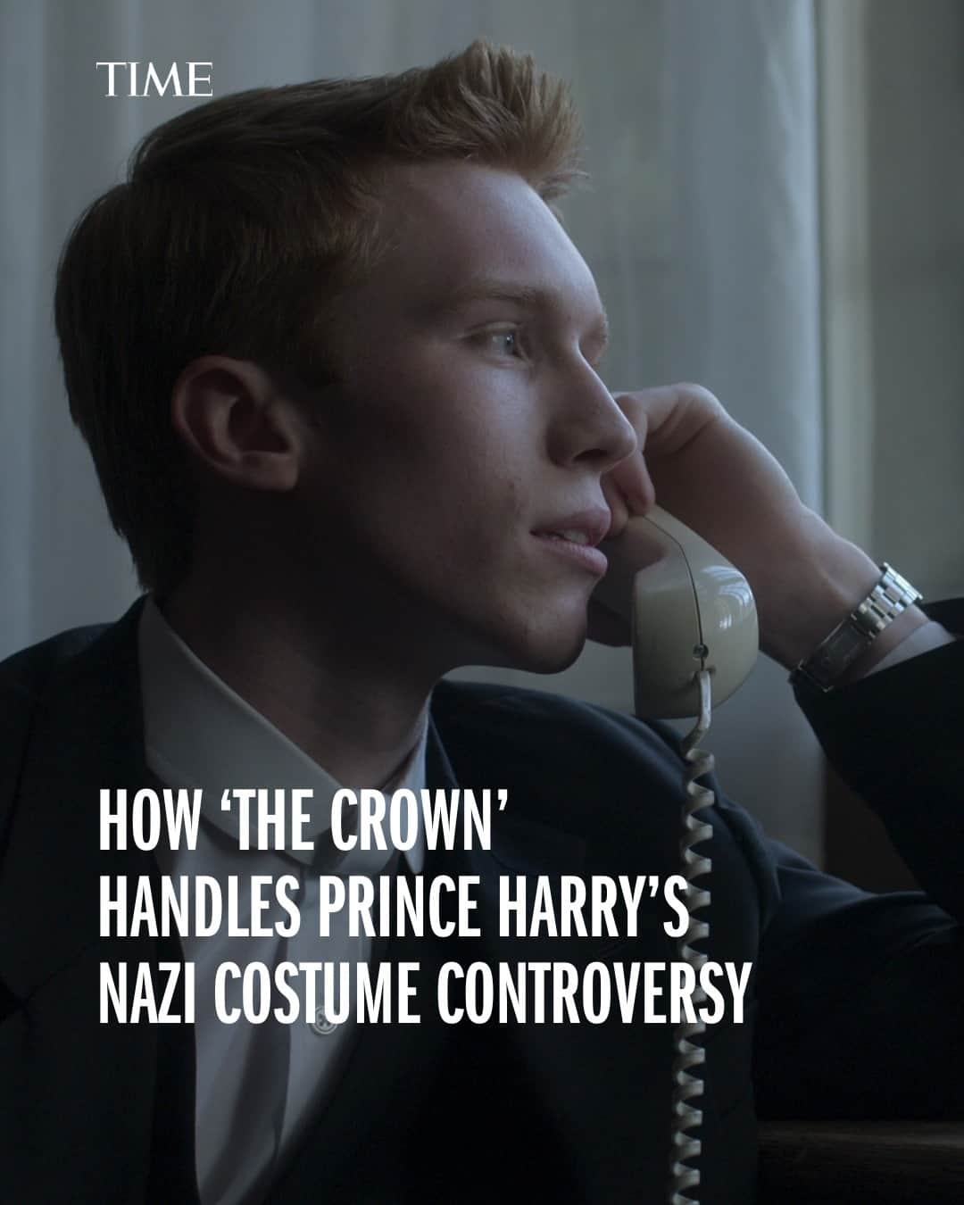 TIME Magazineのインスタグラム：「In 2005, Prince Harry wore a Nazi costume to a party. The controversy was widespread and well-documented; photos landed on the front pages of all the tabloids, just weeks before Holocaust Remembrance Day.  The incident is portrayed in the latest batch of #TheCrown episodes, which are now available to stream on Netflix.  At the link in bio, learn how the depiction differs from what actually happened. Warning: spoilers.  Photograph courtesy Netflix」