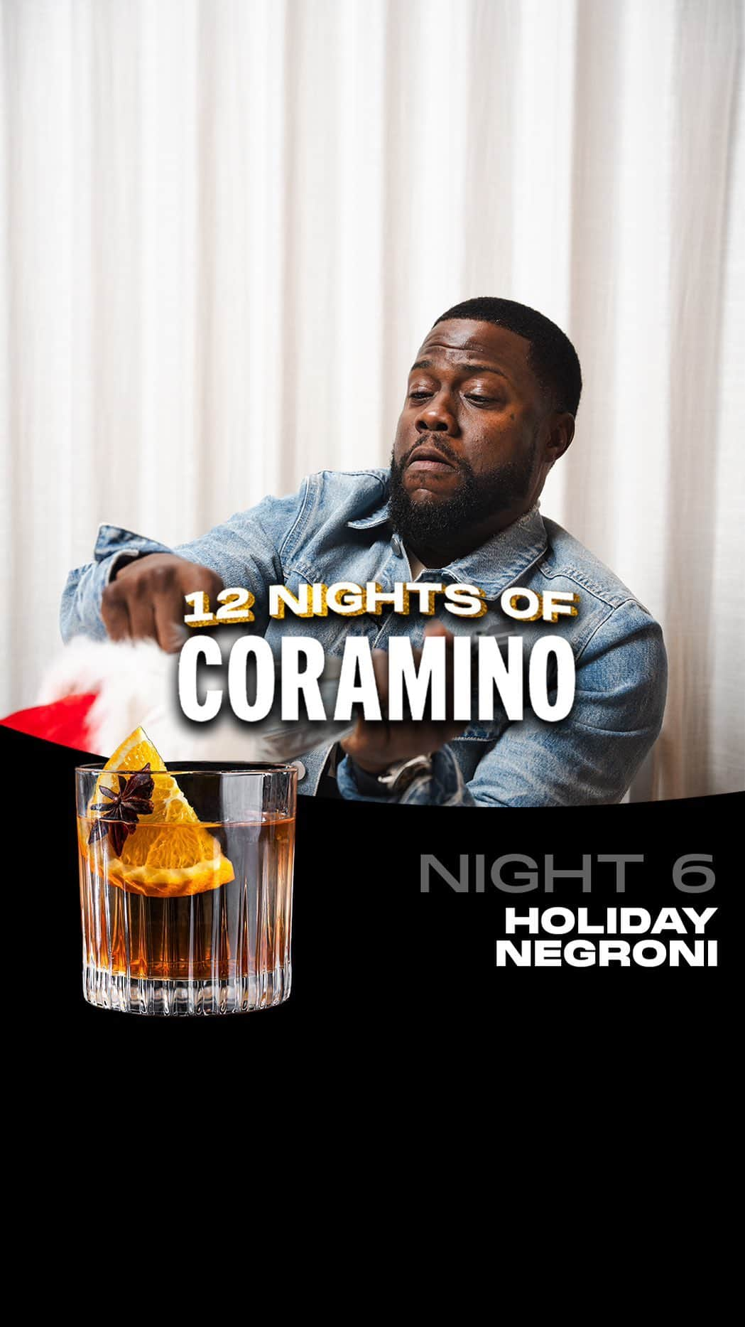 ケビン・ハートのインスタグラム：「🎁 12 NIGHTS + CHANCES TO WIN $400 🎁 12 Nights of Coramino is back!  Our gift to you? Each night we’ll drop a festive Gran Coramino cocktail and a trivia question. Answer correctly in the comments and you’ll have the chance to win $400 Welcome to the 12 Nights of Coramino  Enter the answer to tonights question in the comments section below for a chance to win $400 each night  —— TONIGHT’S COCKTAIL -—— Night 6: Holiday Negroni 1.5oz Gran Coramino Cristalino 0.5oz Campari 0.5oz Sweet Vermouth 0.5oz Dry Vermouth 2 Dashes Orange Bitters Rocks Glass Orange Slice and star anise for garnish  —— TONIGHT’S COCKTAIL -——  HOW TO ENTER: - Type your answer in the comments section below - Must be following @grancoramino - Tag #12nightsSweepstakes - Must be 21 years or older  We will contact you if you’re the lucky winner via DM only from this page.  Visit the link in bio for official rules.  NO PURCHASE NECESSARY. Void where prohibited. Open only to legal residents of the 50 U.S./D.C., 21 years of age or older. Entry period ends: 11:59 PM PT on 12/21/23  Subject to full Official Rules: https://apparel.grancoramino.com/sweeps  Sponsor: Gran Coramino ®」