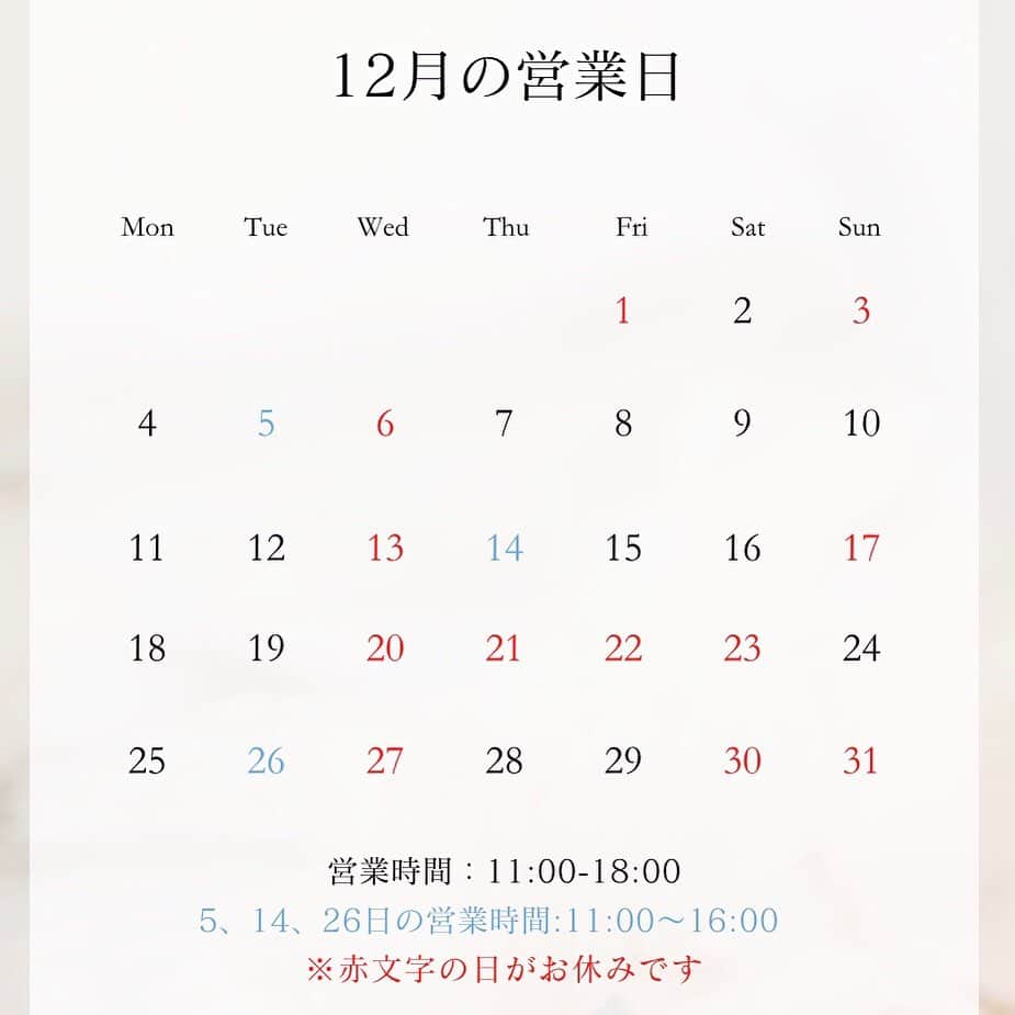 稚野鳥子のインスタグラム：「【12月営業日のお知らせ】 変則的な営業になっておりますので、お客様にはご不便、ご迷惑をお掛け致しますが何卒ご理解をお願い申し上げます。  #12月営業日 #toricoloreshop」
