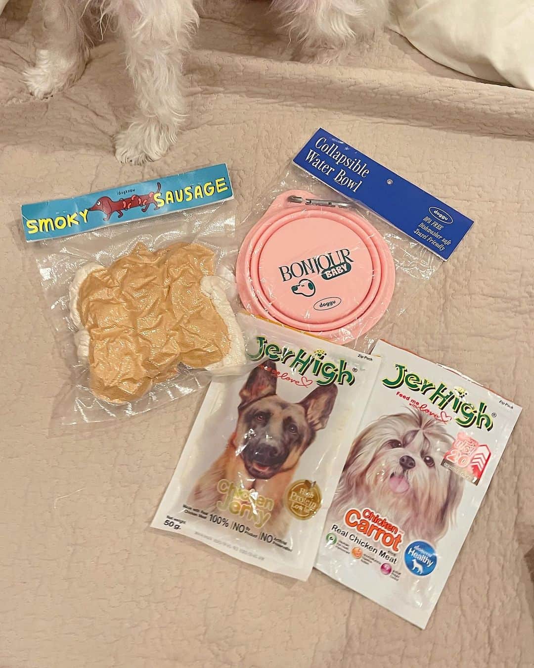 浦まゆのインスタグラム：「. わんずへのタイ土産🐾🇹🇭 最後の夜に可愛いお店で一目惚れしたソーセージのおもちゃと折り畳めるシリコンボウルと、スーパーで買ったジャーキーとにんじんのおやつ。 ソーセージは上手に引っ張り合いっこして遊んでくれてる🐶💗」