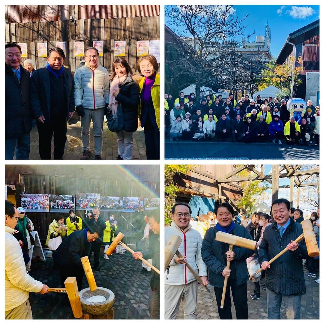 平井卓也のインスタグラム：「I had the pleasure of participating in the traditional mochi-making event at Kitahama Alley. This area, a chic and popular spot with restaurants and cafes, is a retro warehouse district near Takamatsu Port, overlooking the Seto Inland Sea. Today, I joined forces with Governor Ikeda and Mayor Onishi to finish the first mortar. With an expected significant increase in visitors, including inbound, post-2025, further development of this area is essential. Just like in mochi-making, we’ll collaborate for regional growth. As it’s getting colder, please take care of yourselves. #TakuyaHirai #KitahamaAlley」