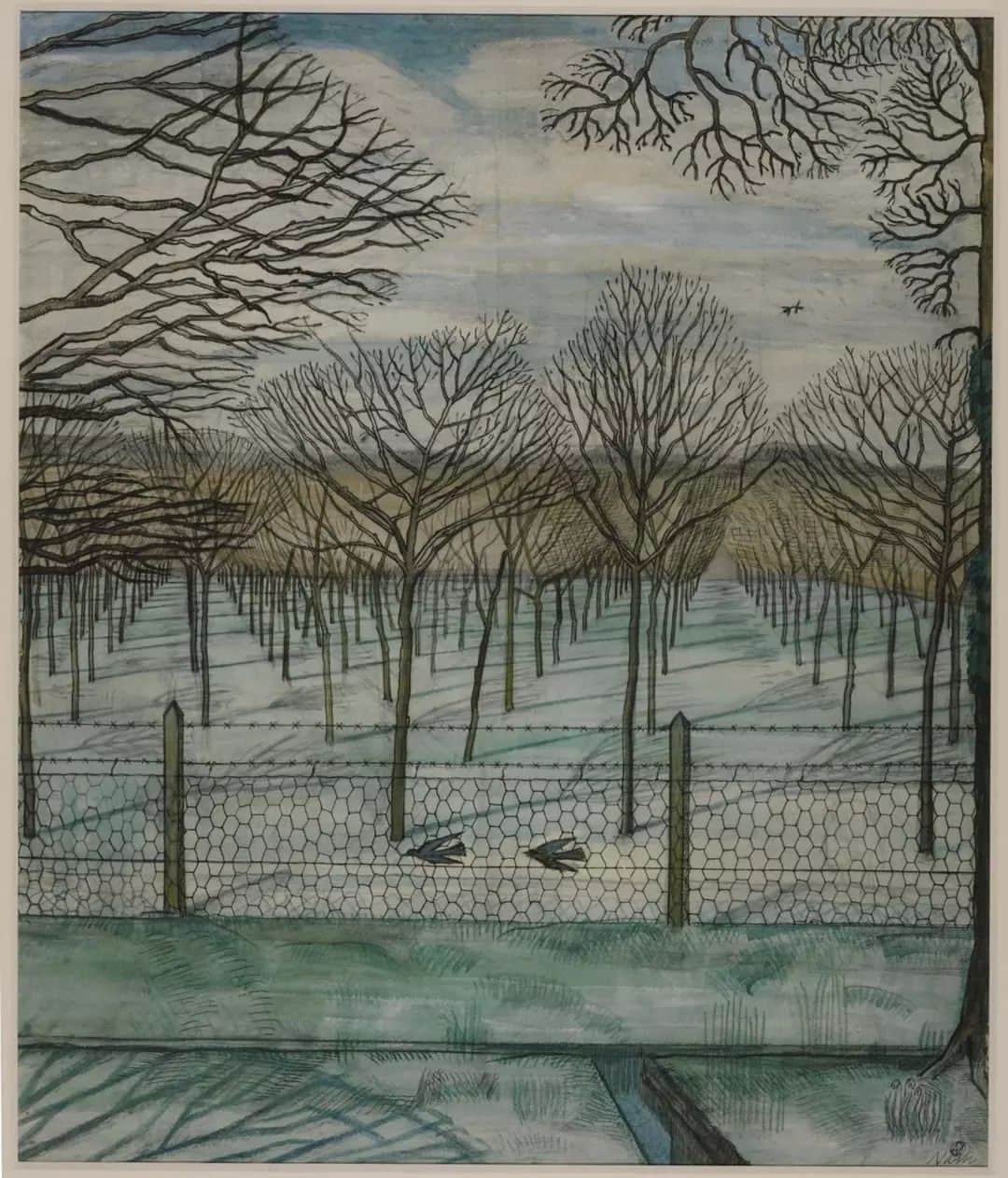 テート・ギャラリーのインスタグラム：「There’s a chill in the air... ❄️   There’s no escaping the wintery feel in Paul Nash’s The Cherry Orchard (1917) 🍒. The watercolours’ stark bare trees huddle together for warmth behind wire fencing as dawn breaks, their trunks casting dreamy, dark shadows on the surrounding landscape. The original date and title for this work are unknown but Nash is said to have created this in sunny July. He hints at brighter days to come with blooming snowdrops tucked in the right-hand corner.   Nash had a fondness for orchards and snowdrops, writing in a letter, ‘I saw a beautiful sight-an orchard where bunches of snowdrops grew in the grass-somehow a thing like snowdrops wild in the grass took my breath away.’   Growing up in Buckinghamshire, Nash developed a love of landscapes and painted them frequently throughout his career.  🖼️ Paul Nash (1889-1946), The Cherry Orchard 1917, Tate collection.」
