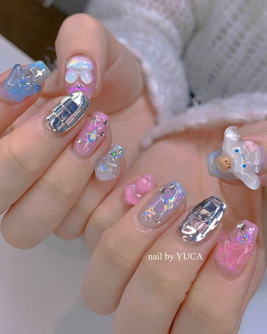 YUCAのインスタグラム：「🪩🐰🦋꙳✧˖° ⁡ ⁡ ⁡  #nail #ネイル #젤네일 #네일  #tettynail #유카네일 #美甲 #yucanail」