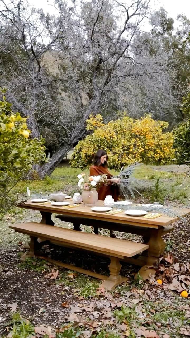 ニッキー・リードのインスタグラム：「How to bring a dinner table to life using edible decor :) Eucalyptus and lemons really do make the most beautiful waste free ornaments, and they smell delicious too! Share your favorite ways to decorate your table during the holidays! 🌿🍋🍋Any DIY crafts and tips are appreciated :)! Ps Missing this bump so much right now!  @arhaus」