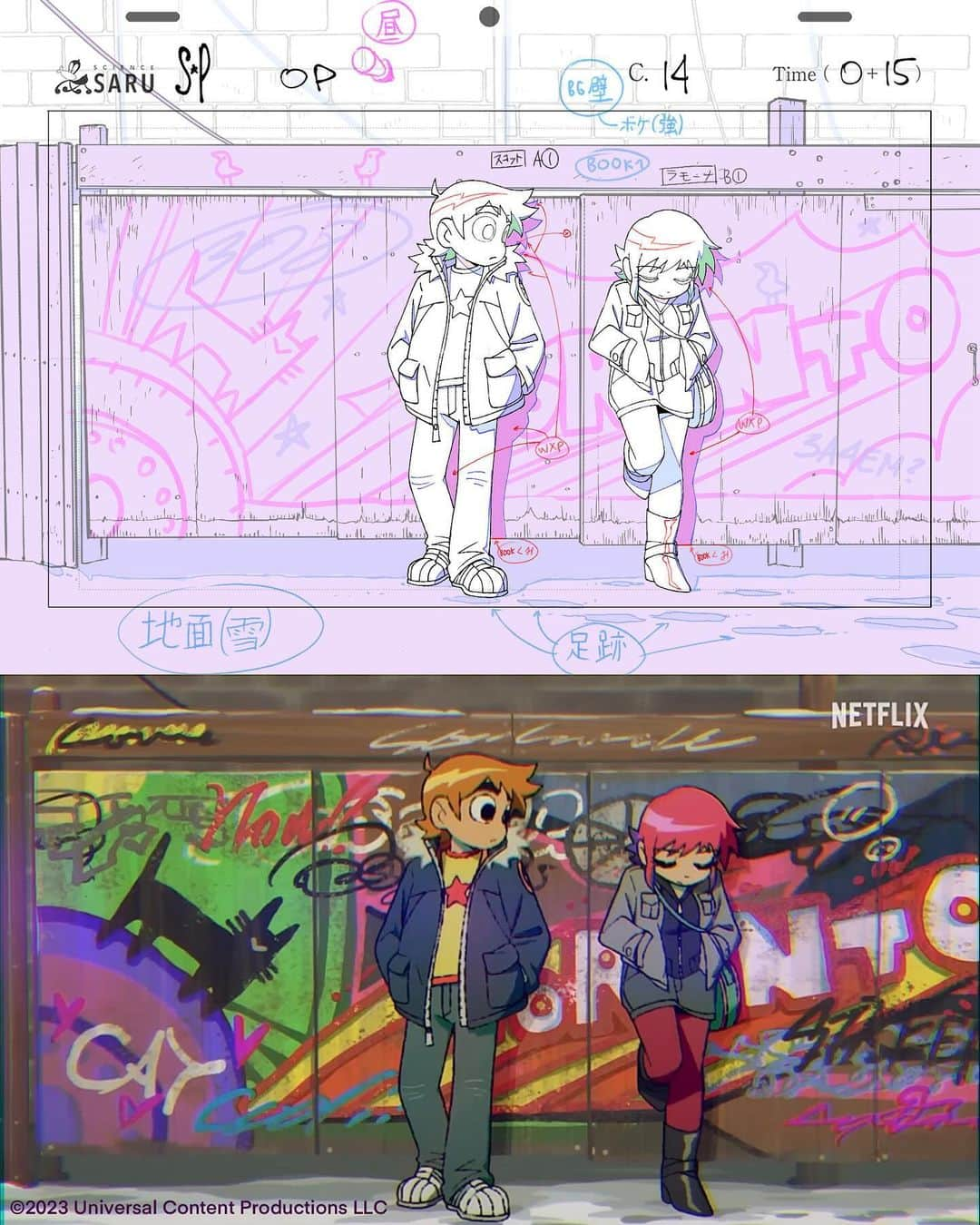 イリヤ・クブシノブ のインスタグラム：「Genga for the one scene I was honored to animate for Scott Pilgrim Takes Off’s Opening!✨  I’ve also done pixel art for some of the episodes’s titles, and animated a tiny bit for the last epsiode, so please check out the show if you haven’t yet! As a big SP fan for a long long time now, it is a great honor for me to take a tiny part of this anime production, so giant thanks to Science Saru team!🙇🏻‍♂️」