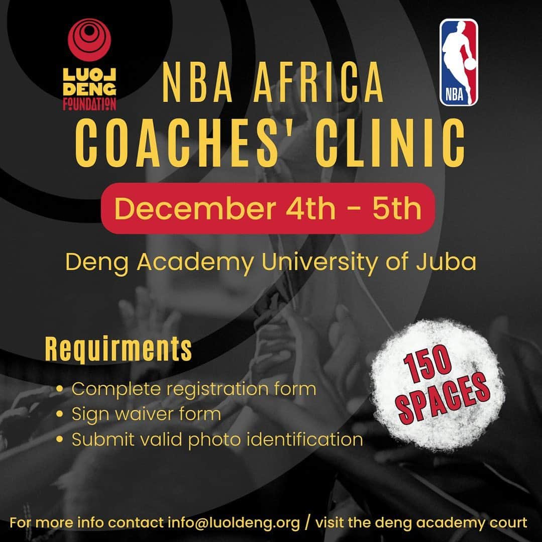 ルオル・デンのインスタグラム：「NBA Africa Coaches Clinic!   When: December 4th and 5th at the Manute Bol Basketball Court, Juba, South Sudan. The time will be determined and announced on our social media platforms soon!   Why: The Jr NBA aims to reach approximately 450 youths from various schools around Juba to participate in learning and growing in the sports of basketball.  The coaches clinic will take place to support with the growth and development of coaches and anyone interested in coaching an U16 team. There are 150 spaces available for the clinic and the requirements for the selection are:   -complete the registration form   -sign waiver form   -submit valid photo and identification   Where: forms and more information can be found at Deng Academy at the Manute Bol Court located at the University of Juba’s main campus   #nbaafrica #nbajr #luoldeng #luoldengfoundation #giftedtogive #peacefamily」