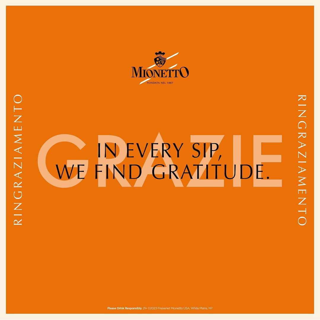 Mionetto USAのインスタグラム：「GRAZIE! 🧡   In all things, give thanks & cheers with Prosecco! Thanksgiving is a time for amici, famiglia and of course, food! This holiday season, Mionetto is encouraging you to say Grazie!   Allora, salute to our friends who have joined our  viaggio Italiano, all year long, for our 25th anniversary celebrations! We continue to show our gratitude, so pop open a bottle of Mionetto and enjoy the holidays! 🧡  #MionettoProsecco #Grazie #GiveThanks #Thanksgiving   Mionetto Prosecco material is intended for individuals of legal drinking age. Share Mionetto content responsibly with those who are 21+ in your respective country. Enjoy Mionetto Prosecco Responsibly.」