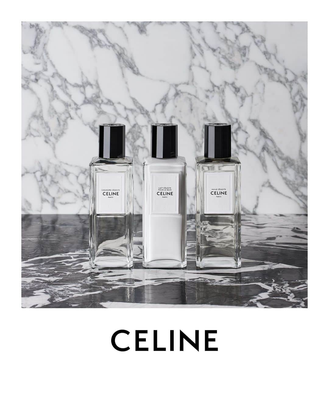 Celineのインスタグラム：「CELINE HAUTE PARFUMERIE  CELINE INTRODUCES COLOGNE CÉLESTE, AN ESSENTIAL COMPOSITION IN PERFUMERY, REINTERPRETED BY HEDI SLIMANE. THIS EAU DE COLOGNE, SIMULTANEOUSLY UNIVERSAL AND COMFORTING, COMES WITH THREE PRODUCTS TO ENRICH THE BATH AND BODY COLLECTION INITIATED BY THE SOLID SOAPS IN JUNE 2023. HIGHLY PERFUMED, EACH ONE FAITHFULLY RECAPTURES COLOGNE CÉLESTE’S OLFACTORY SIGNATURE:  -L’HUILE CÉLESTE – PERFUMED OIL FOR BODY AND HAIR -LE LAIT CÉLESTE POUR LE BAIN – PERFUMED BATH MILK -LE SAVON SOLIDE PARFUMÉ – PERFUMED SOLID SOAP   NOTES: ANGELICA, SWEET LEMON ESSENCE, PETITGRAIN, NEROLI, AMBRETTE BUTTER AND ORRIS BUTTER.  COLLECTION AVAILABLE IN STORE AND ON CELINE.COM  @HEDISLIMANE PHOTOGRAPHY   #CELINEHAUTEPARFUMERIE #CELINEBYHEDISLIMANE」