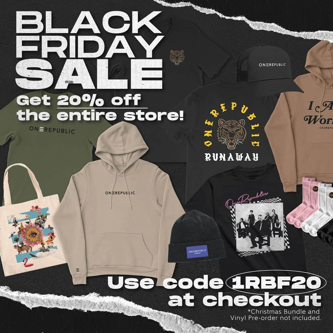 OneRepublicさんのインスタグラム写真 - (OneRepublicInstagram)「Black Friday - Cyber Monday Sale live tonight at Midnight CST. Use the code 1RBF20 for 20% off the entire store.」11月24日 5時50分 - onerepublic