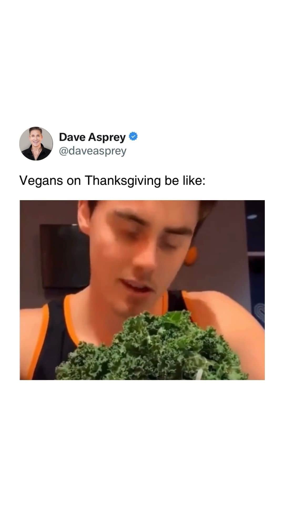 デイヴ・アスプリーのインスタグラム：「Tag a vegan, they need extra love today! 🤣  #Thanksgiving #Love #Grateful #DaveAsprey #Funny #Vegans #Carnivore」