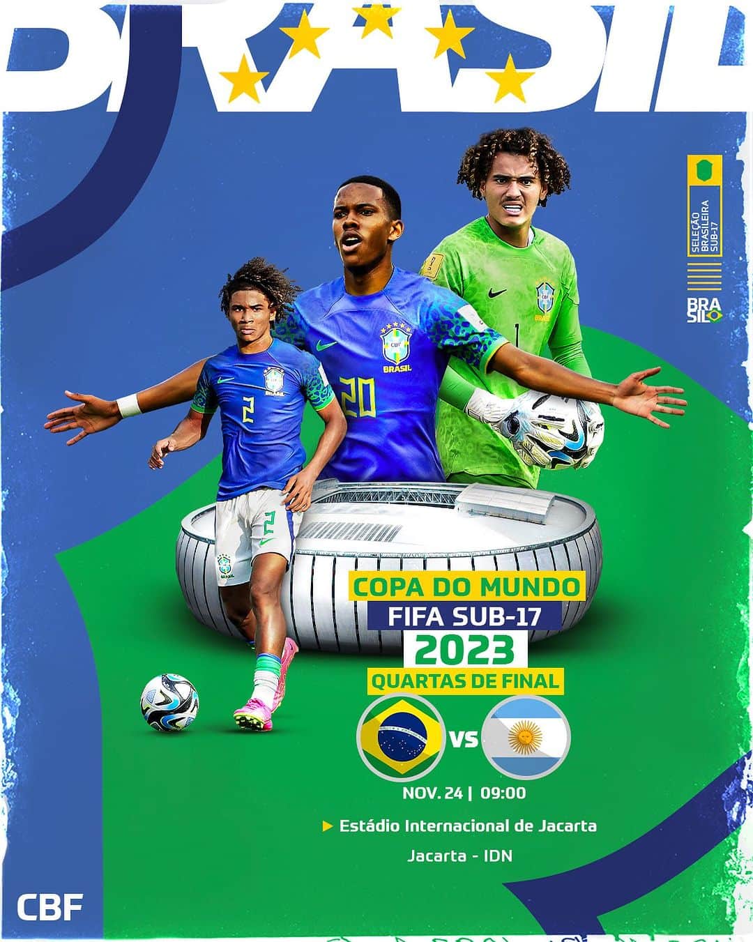 サッカー ブラジル代表チームのインスタグラム：「Amanhã é #DiadeBrasa no Mundial Sub-17! 🤩️🇧🇷  Às 9h (de Brasília), a Seleção Brasileira enfrenta a Argentina, nesta sexta-feira (24), no Estádio Internacional de Jacarta, em Jacarta, na Indonésia, pelas quartas de final da Copa do Mundo Sub-17.  🇧🇷 x 🇦🇷 🏆: Copa do Mundo Sub-17 🗓: 24 de novembro ⏰: 9h (horário de Brasília) / 19h (horário local) 🏟: Estádio Internacional de Jacarta - Jacarta (IDN) 📺: SporTV e CazéTV  Pra cima, Brasil! 💚💛  🎨: @_talitaferreir/CBF」
