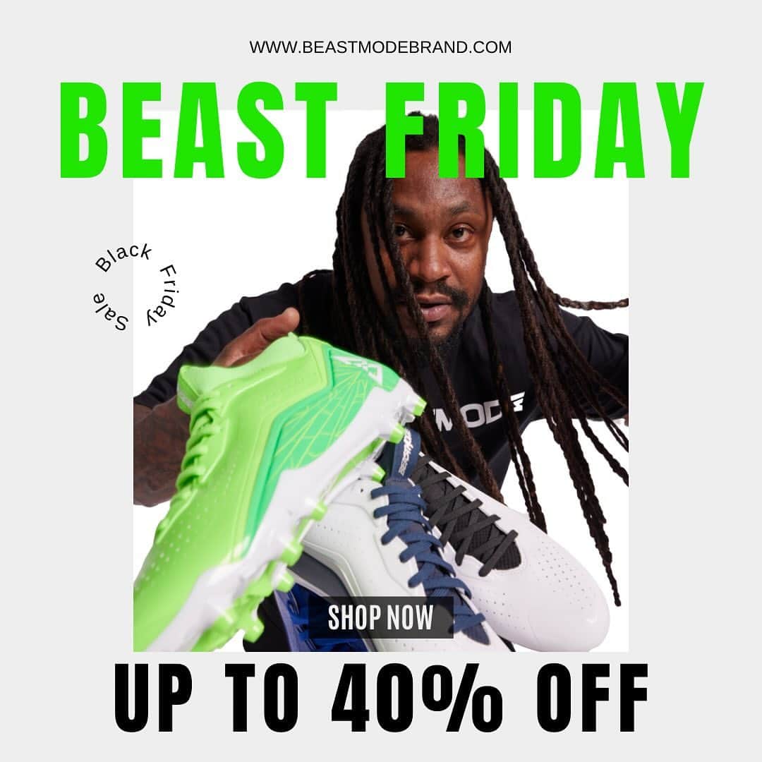 マーショーン・リンチのインスタグラム：「It’s time to unleash the Beast! Get 30% off sitewide with an extra 10% off on cleats, women’s and kids!」