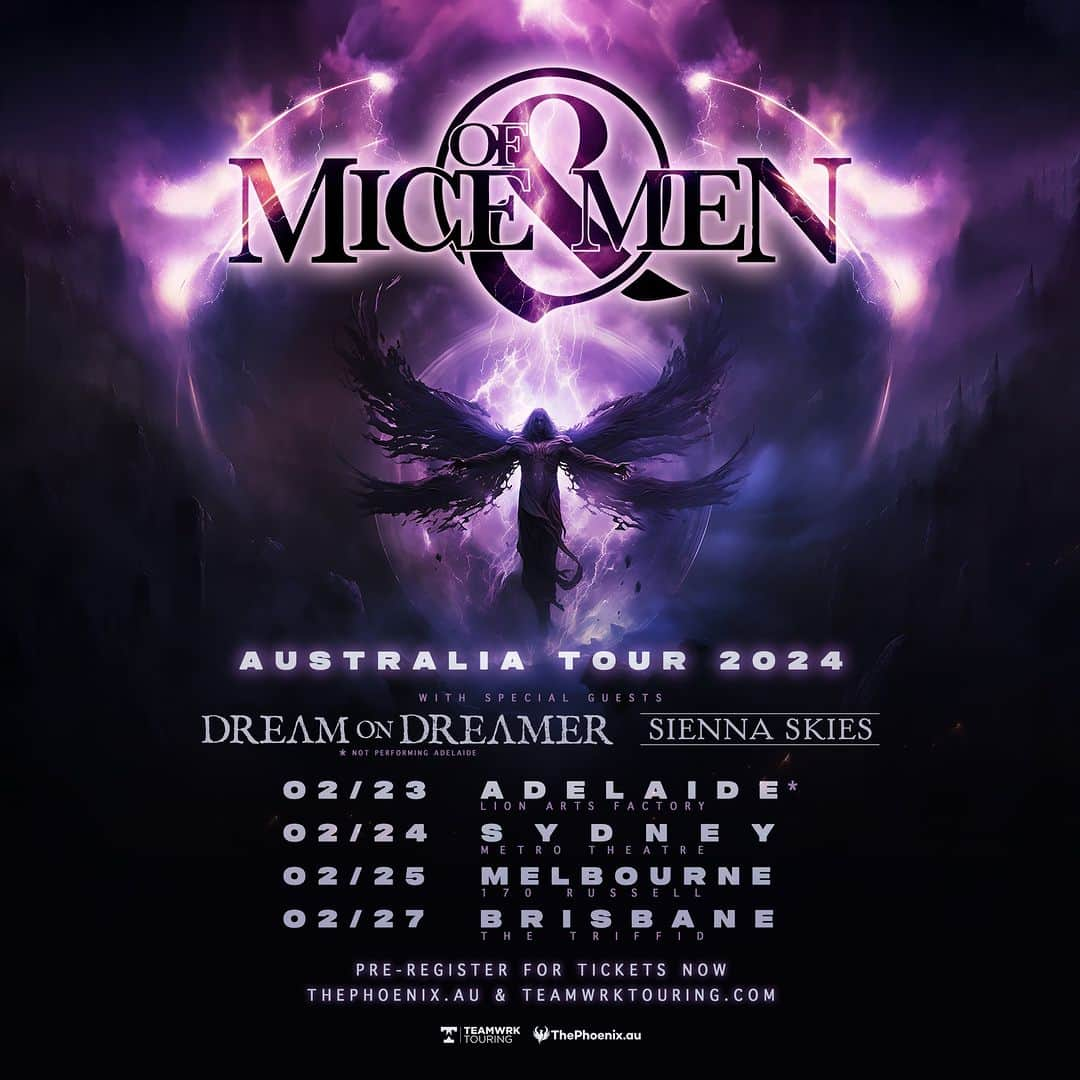 Of Mice & Menのインスタグラム：「Australia, we will be with you in a few weeks with our friends Dream On Dreamer and Sienna Skies!  Register for our OM&M fan presale! Link in stories」