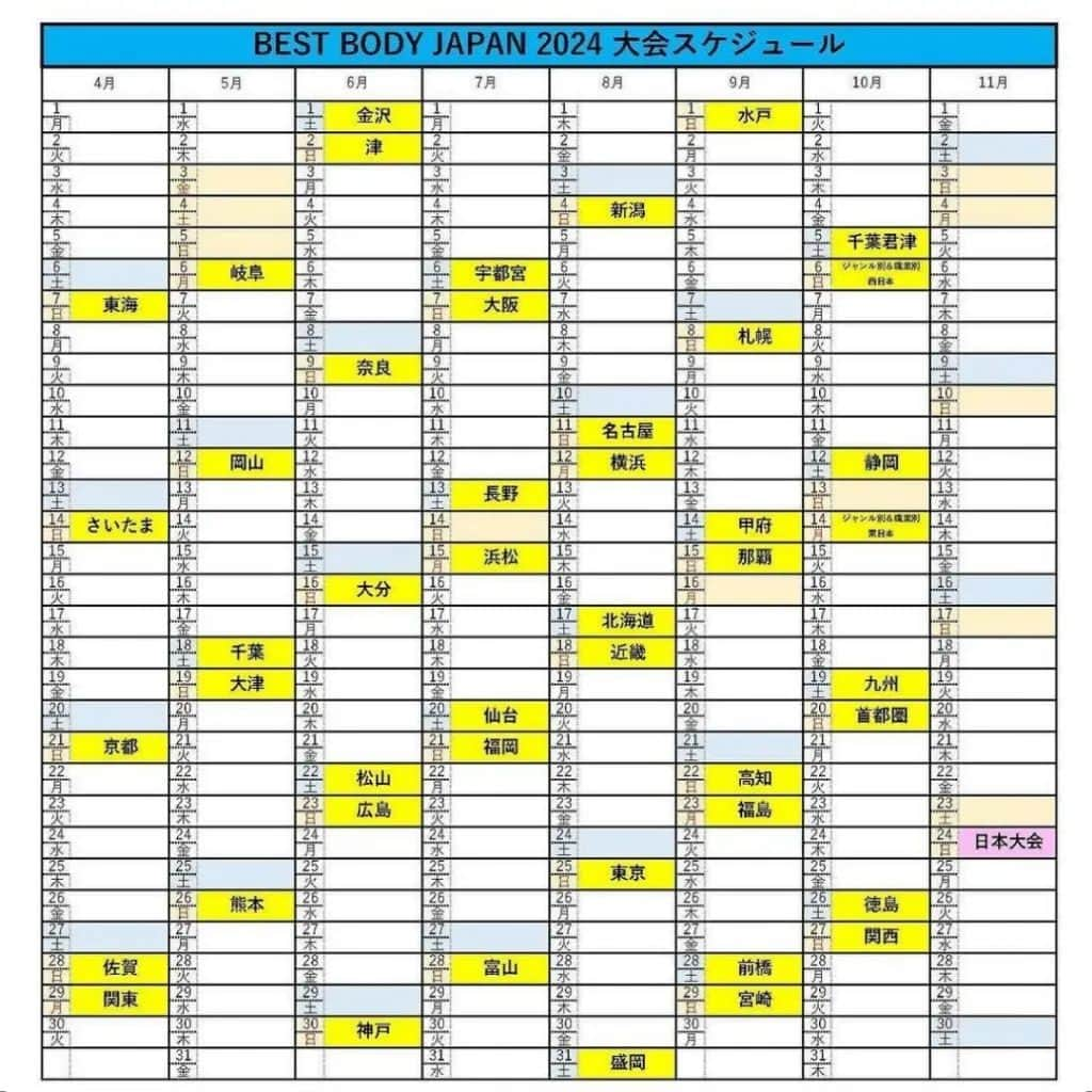 大和ヒロシのインスタグラム：「BEST BODY JAPAN 2024の大会スケジュールが発表されました！  県庁所在地や政令指定都市以外では、もしかしたら初開催かも知れません。  10月5日君津大会の開催決定、誠に有難うございます！ 私も中から外から、全力で盛り上げさせていただきます！ #bestbodyjapan #君津市」