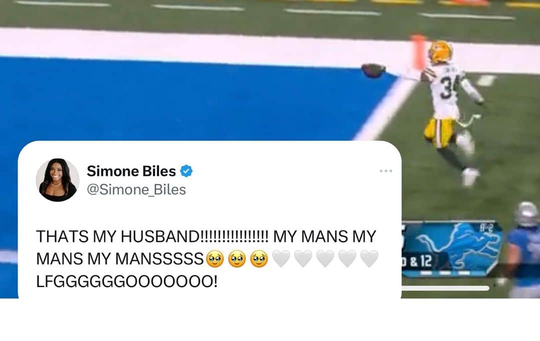 Inside Gymnasticsのインスタグラム：「💚🏈💚 It was a good day for Simone Biles’ husband Jonathan Owens and to say she was ecstatic is an understatement! Go-Pack-Go!  #simonebiles #jonathanowens #simone #gymnastics #nfl #packers」