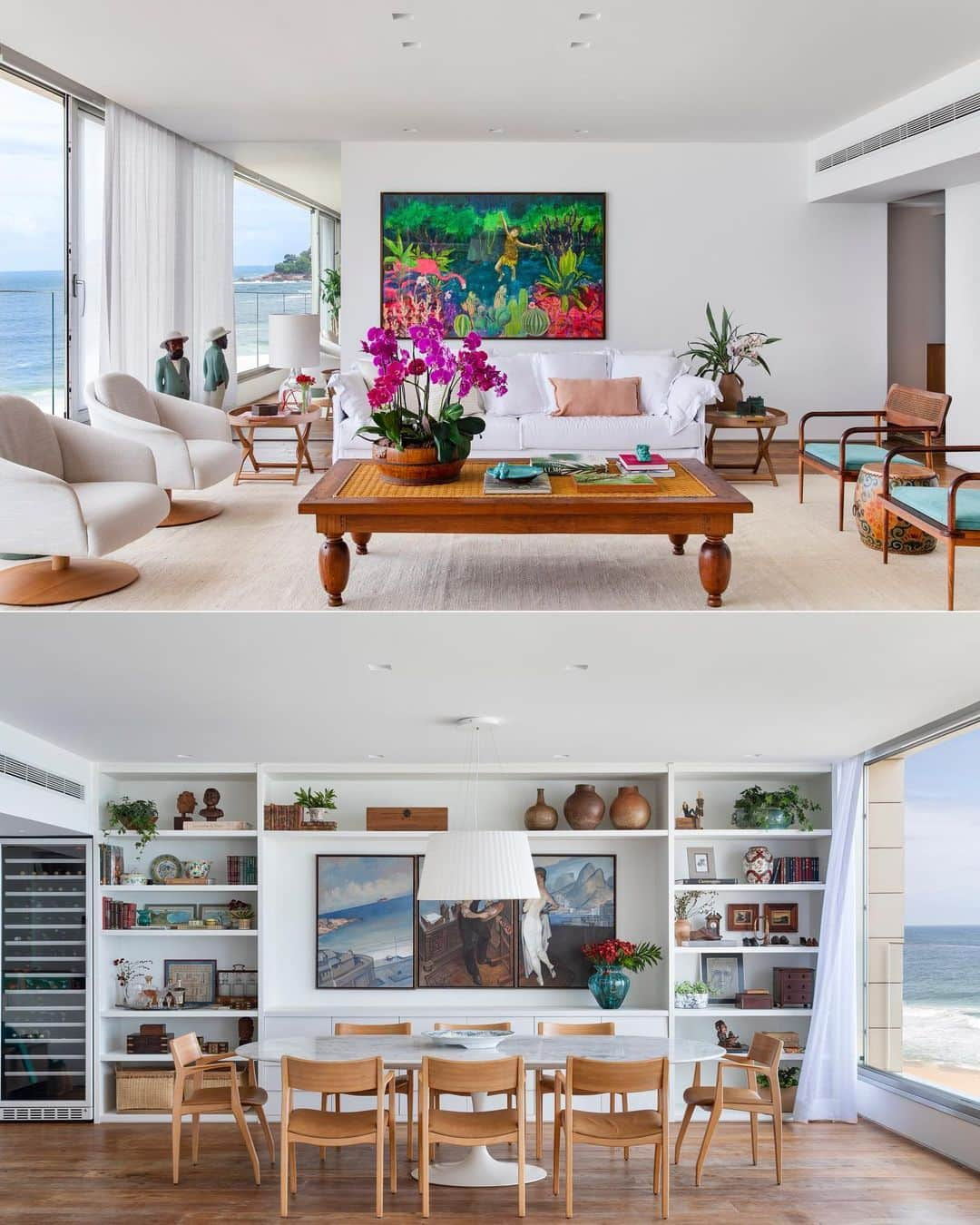 Inspirationさんのインスタグラム写真 - (InspirationInstagram)「Um casal que há anos desfrutava da brisa da Praia do Leblon em seu espaçoso apartamento de 250m2 decidiu empreender uma transformação completa assinada pelo escritório (@escalarquiteturarj). A paleta de cores, guiada pelos tons preferidos do casal, harmoniza-se com a vista para o mar.  As arquitetas responsáveis pelo projeto, encontraram o desafio de redesenhar o layout do apartamento. A integração da cozinha com a sala, a criação de um quarto para os netos e a otimização de espaços de armazenamento foram as diretrizes essenciais.  No hall de entrada, vigas estruturais originais foram transformadas em um pergolado indoor iluminado, adicionando elegância à entrada. O quarto do casal foi realocado para a frente do mar, enquanto os antigos quartos dos filhos viraram dois closets e um quarto para os netos.  Materiais originais, como o piso de tábuas de peroba de demolição, foram preservados, contrastando com mobiliário claro e tapetes naturais. Destaque para a estante piso-teto branca na sala de jantar, projetada para expor objetos de valor sentimental da família.  Home decor: Andrea Falchi @FalchiAndrea 📸 Fotógrafo: Juliano Colodeti, do @mca_estudio」11月24日 9時16分 - decorcriative