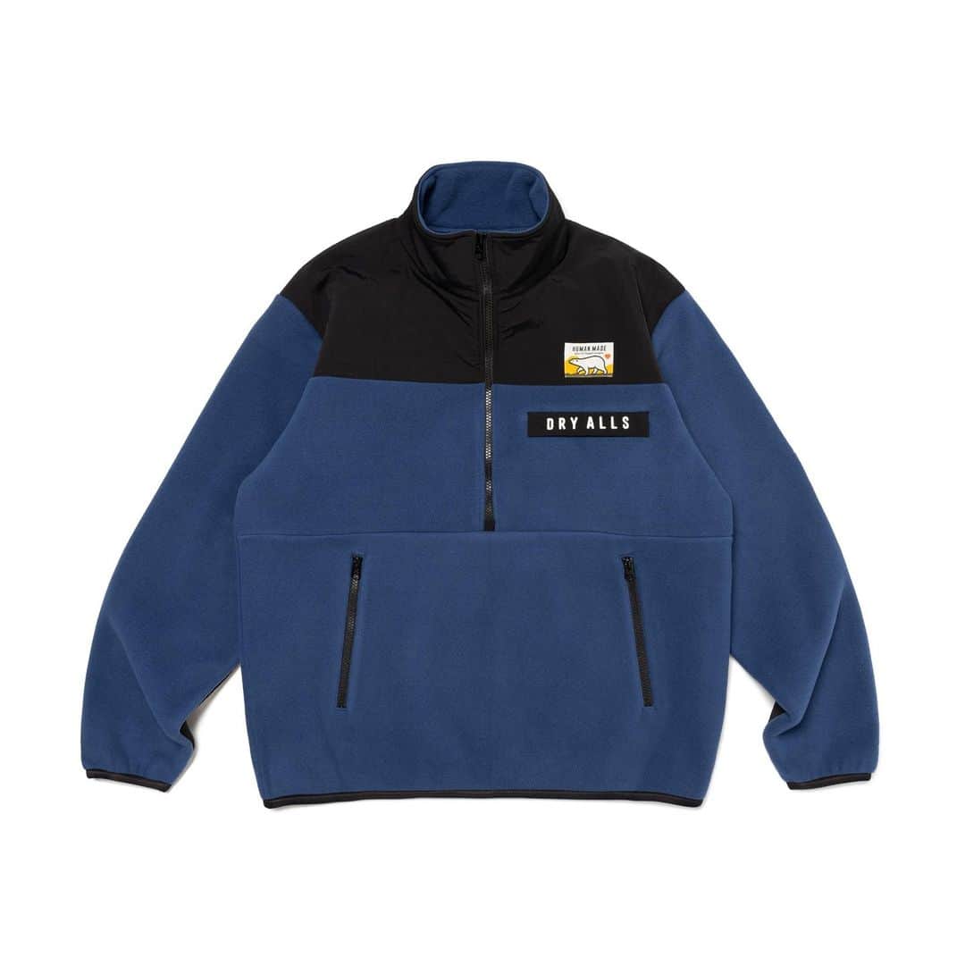 HUMAN MADEのインスタグラム：「"FLEECE HALF- ZIP JACKET” will be available at 25th November 11:00am (JST) at Human Made stores mentioned below.  11月25日AM11時より、"FLEECE HALF- ZIP JACKET” が HUMAN MADE のオンラインストア並びに下記の直営店舗にて発売となります。  [取り扱い直営店舗 - Available at these Human Made stores] ■ HUMAN MADE ONLINE STORE ■ HUMAN MADE OFFLINE STORE ■ HUMAN MADE HARAJUKU ■ HUMAN MADE SHIBUYA PARCO ■ HUMAN MADE 1928 ■ HUMAN MADE SHINSAIBASHI PARCO ■ HUMAN MADE SAPPORO  *在庫状況は各店舗までお問い合わせください。 *Please contact each store for stock status.  フリース素材のハーフジップジャケット。カラーの切り替えやフロントとバックに入った、モチーフが特徴です。  Half-zip fleece with colored panels and a large Human Made motif on the back.」