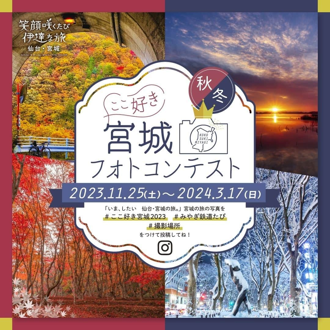 宮城県観光課のインスタグラム：「. ✨第３回「＃ここ好き宮城」フォトコンテスト開催のお知らせ✨ ＼ 今回のテーマはこちら！ 🗻テーマ🚎 ①「いま、したい 仙台・宮城の旅。」～ 仙台・宮城の旅、思い出の１枚 ～ ②「＃みやぎ鉄道たび」モデルコースの場所に行ってきました！  応募方法はこちら！ ✅本アカウント @miyagi_pref_kankou をフォロー ✅「#ここ好き宮城2023」「#撮影場所」をつけて投稿 ✅テーマ②に応募する場合は「#みやぎ鉄道たび」をつけて投稿 ぜひ、ご応募ください🌿  🌼応募期間 2023年11月25日(土) ～ 2024年３月17日(日)  🌼賞品 【最優秀賞(各テーマ１名・合計２名)】 「みやぎおかみ会」加盟宿泊施設で使えるペア宿泊券（2名様30,000円相当）  🌼受賞発表 ご応募いただいた方の中から選考を行わせていただきます。 受賞された方には、３月下旬～４月上旬ごろDMにてご連絡いたします。  ——  ＜応募規約＞ 画像５〜８枚目に記載しておりますのでご確認ください。 ＜「#みやぎ鉄道たび」モデルコース＞ 画像９・10枚目に記載しておりますのでご確認ください。 また、仙台・宮城観光キャンペーン推進協議会事務局のHPでもご確認いただけます。 詳しくは、ハイライトをご覧ください🔗  ——  #宮城 #宮城県#ここ好き宮城2023 #みやぎ鉄道たび #東京カメラ部  #ここ好き宮城 #東北 #宮城観光 #宮城旅行 #笑顔咲くたび伊達な旅 #フォトコンテスト #宿泊券 #キャンペーン #プレゼントキャンペーン #プレゼント企画 #キャンペーン企画 #プレゼント企画実施中 #キャンペーン実施中 #tohoku #miyagi #sendai」