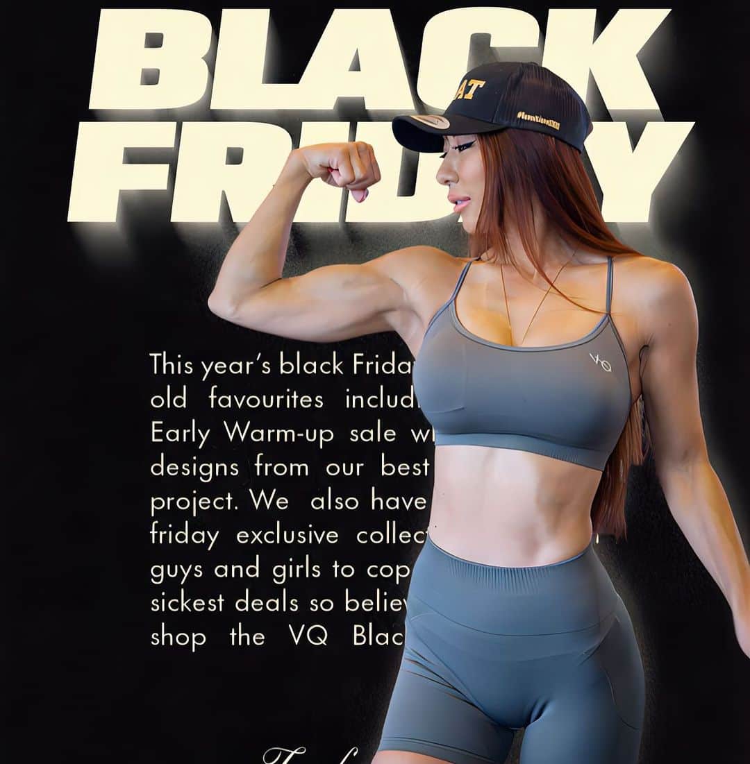 MANAのインスタグラム：「@vqfitwomen  @vqfit    本日21時〜BLACK FRIDAY🖤 ほぼ全品80%オフセール‼️  またコード「HOTDEAL」を使って セール品がさらに15%オフ🤩 欲しかったウェアをゲットするチャンス💋 パーカー一押し🖤  @vqfit @vqfitwomen  #vq #vqfitwomen #fitness #fashion #blackfriday #sale #バンキッシュフィットネス #ブラックフライデー #ifbbpro #bikini」