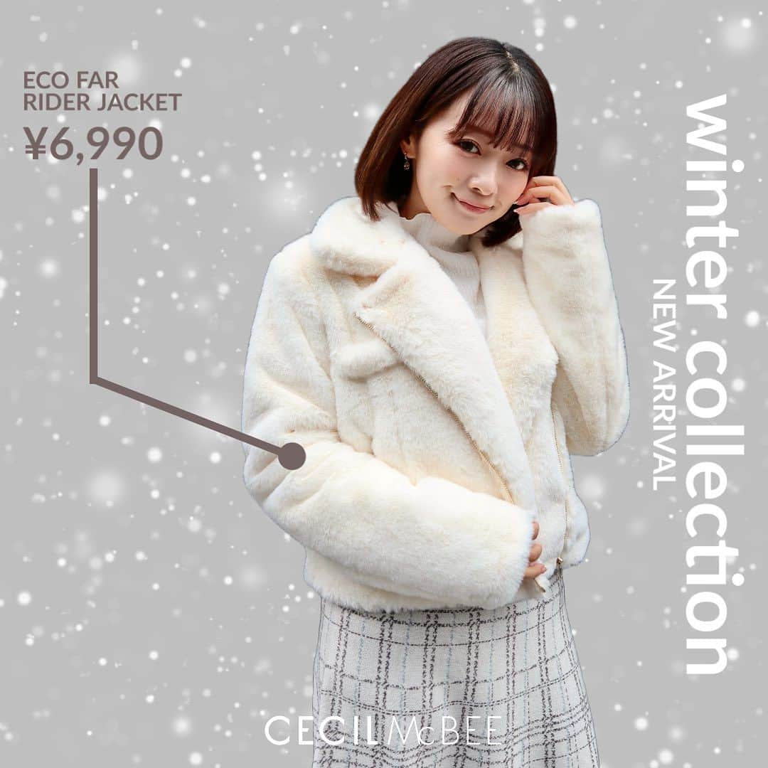 セシルマクビーのインスタグラム：「❄️NEW ARRIVAL❄️ 本日発売開始！ 新作アウターをお早めにチェック♡  エコファーライダースジャケット color: アイボリー, ピンク, モカ, グレー, ブラック size:M price:¥6,990  🎁メルマガご登録で¥500クーポンプレゼント🎁 CECIL McBEEのメルマガ登録で お得な情報をゲットしよう！！  メルマガ購読可に変更された方限定で 翌月初にクーポンコードを送付いたします。 　 ※Mecollect全商品クーポン対象 ※税込5,500円以上のご購入でご使用いただけます ※クーポンご使用時はご購入ページにて、クーポンコードの入力をお願いいたします。  新規会員登録はアカウントプロフィールURLから▼ @cecilmcbee_official  さらに！ 税込7,000円以上のご購入でリバイバルロゴポーチをプレゼント！  #cecilmcbee #セシルマクビー #アウター #ダウンジャケット」