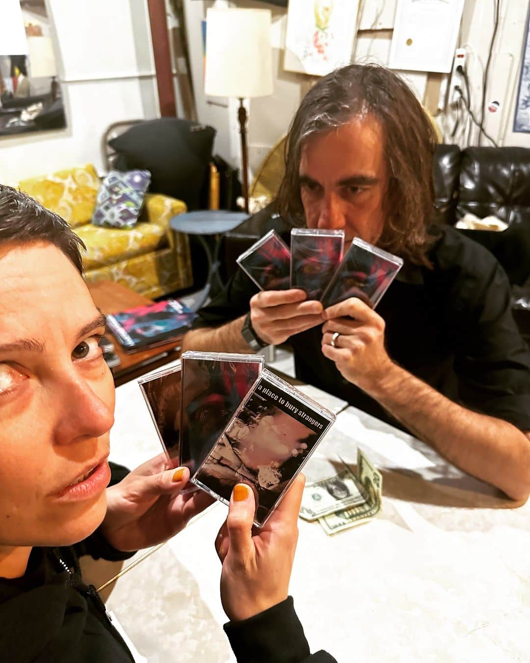 A Place to Bury Strangersのインスタグラム：「If I win this hand I’m gonna spend it at the 15% off sale at APTBSs Hello Merch site. (John - well if I win this hand I’m goin out on the town and gettin cray-z) Starts now until Nov 26th!!! Linkinbio」