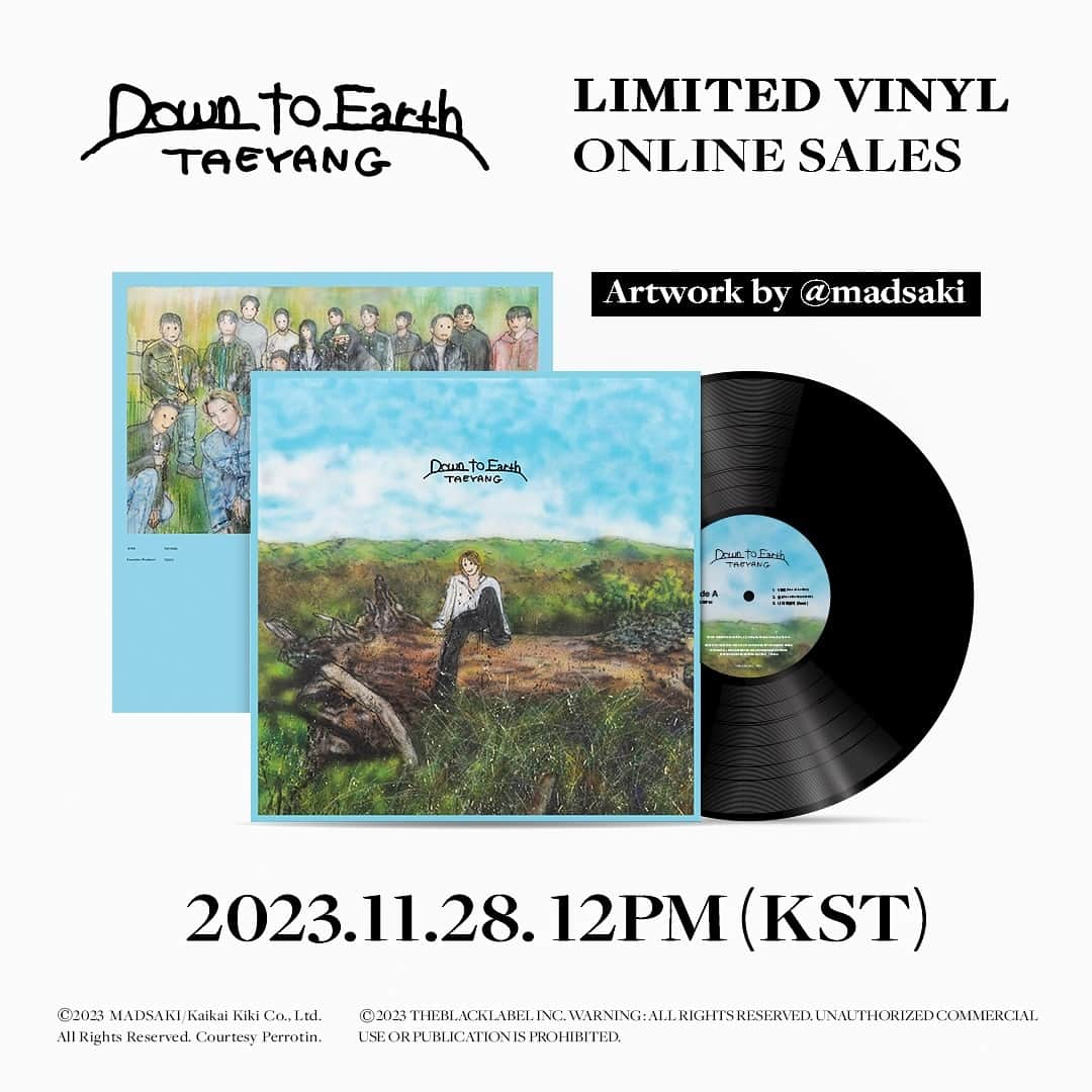 SOLのインスタグラム：「⠀ TAEYANG EP ALBUM [Down to Earth] LIMITED VINYL ONLINE SALES Artwork by ﹫madsaki  *OPEN｜2023.11.28 12PM (KST) *판매처는 총 4곳에서 진행 예정입니다. (예스24, Ktown4u, 알라딘, 핫트랙스)  #TAEYANG #태양 #DowntoEarth #THEBLACKLABEL #더블랙레이블」