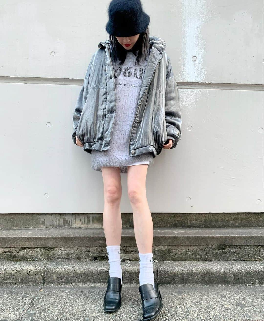 birthdeathのインスタグラム：「New Arrivals  80's Metallic gray puffer jacket  TOFFS - Gray hand knitted mohair fishnet sweater  90's Black angora bucket hat  90's Black  leather loafers  #birthdeath #vintage」