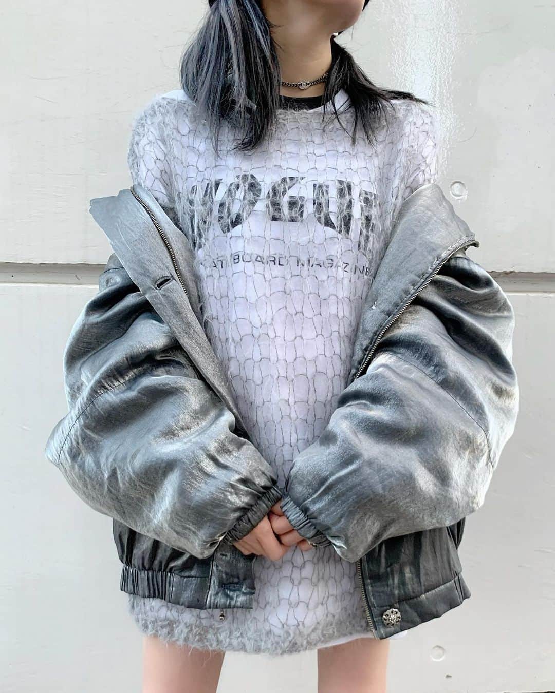birthdeathのインスタグラム：「New Arrivals  80's Metallic gray puffer jacket  TOFFS - Gray hand knitted mohair fishnet sweater  #birthdeath #vintage」