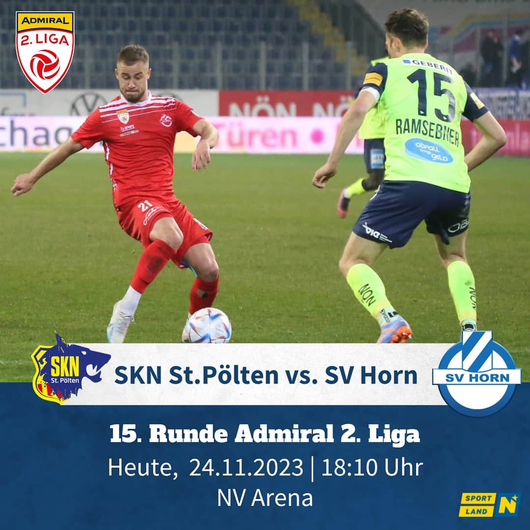 SVホルンのインスタグラム：「Derby-⌚️   ▶️ 15. Runde Admiral 2. Liga  🗓️ Heute, 24.11.2023 🕕 18:10 Uhr  🆚 SKN St. Pölten 🏟️ NV Arena  📖Hier geht’s zum Vorbericht⬇️ https://www.svhorn.at/profis/spielvorschau/nö-derby-in-st-pölten  📽Das Spiel könnt ihr LIVE auf ORF Sport+ und LaolaTV verfolgen.⬇️ https://tvthek.orf.at/livestream/Fussball-2-Liga-15-Runde-Konferenzschaltung/14262981  https://www.laola1.at/de/sportdaten/matchcenter/Fussball/Oesterreich/2Liga/match/41968133/livestream  Be part of it.🫶🏼   #aufgeht #admiralligazwa #letsgo #freitagsspiel #greifenan #wirschaffendas #zusammenhalten #kommtinsstadion #auswärtsspiel #svhornfamilie #leidenschaftfussball #sportlandnoe #bepartofit」