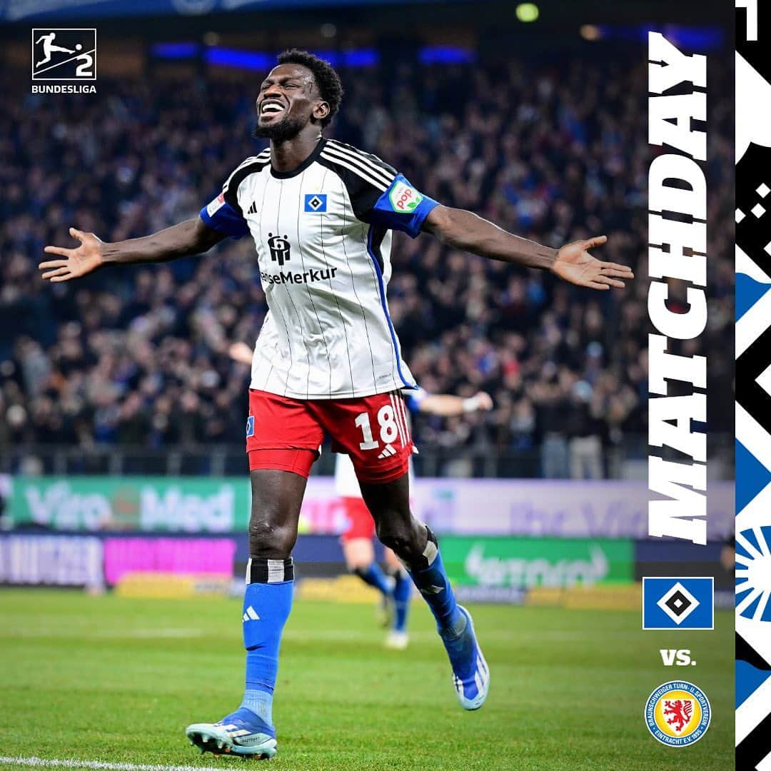 ハンブルガーSVのインスタグラム：「🔷 MATCHDAY 🔷  Flutlichtspiel gegen Eintracht Braunschweig. 🆚 Ab 18.30 Uhr geht es im Volksparkstadion um 3️⃣ Punkte. 🔥  Wer von euch ist mit dabei? ⚽  #nurderHSV #HSVEBS #Bundesliga2 📸 @witters_sportfotografie」