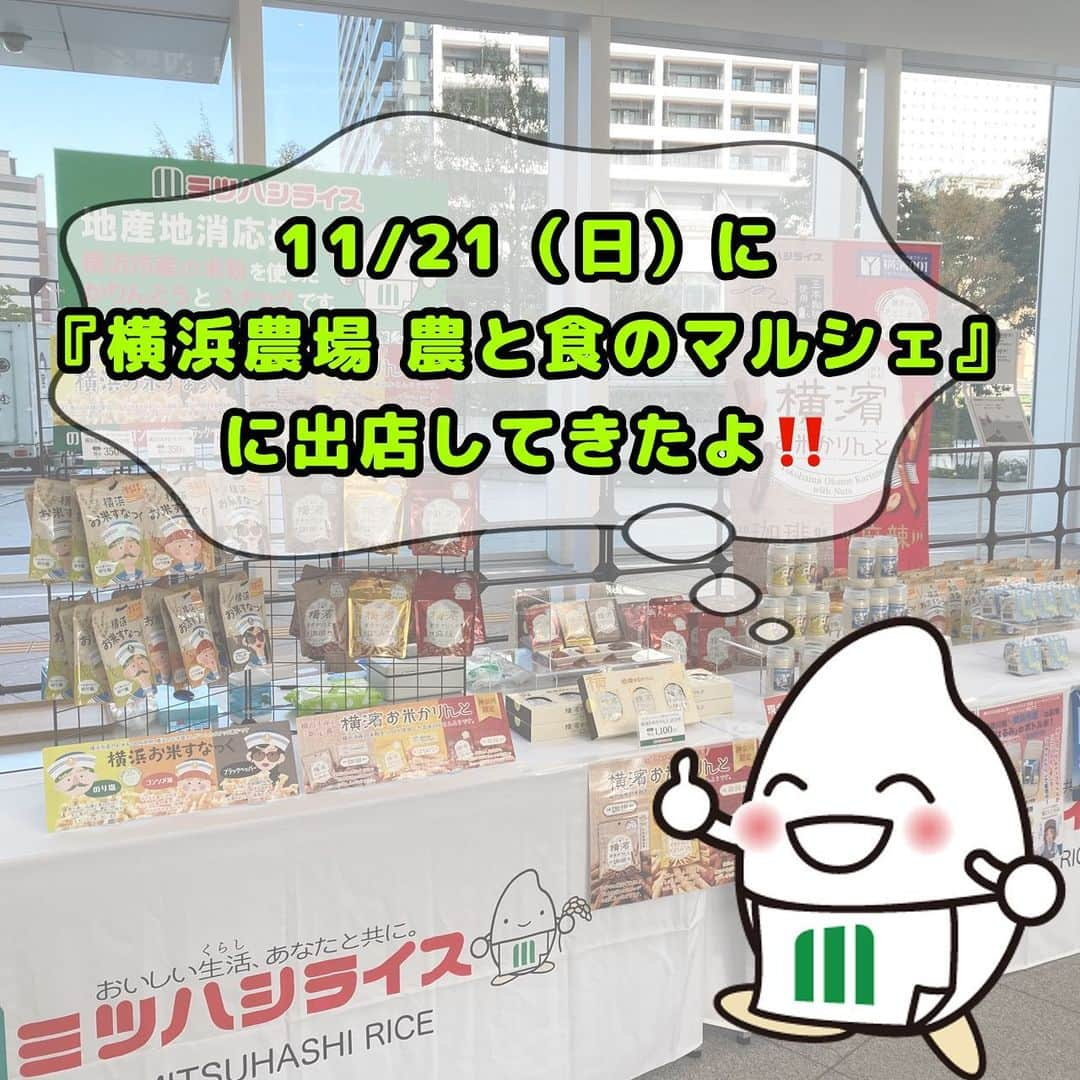 ミツハシくん-Mitsuhashi Rice-のインスタグラム：「. 11/21(火)に横浜市が主催する 『横浜農場　農と食のマルシェ』に出店したよ‼️  横浜市では、 多くの野菜が旬を迎える 11 月を地産地消月間として、 県内 最大規模である「横浜の農業」の魅力について PR を行っているんだ💡  この取組の一環として、 横浜市庁舎で「横浜農場 食と農のマルシェ」 が 開催されたよ✨  ミツハシブースでは 横浜市産はるみ販売（ボトル米・CUBE米）や 横浜市産のお米で作った　 お米かりんと、お米すなっくを販売して ミツハシブースに100名以上のお客様が来てくれたよ❤️  横浜でお米を作っているんだ～知らなかった アレルギーがあるので、お米で作ったお菓子は嬉しい！🙌 横浜のお土産として使いたい！ などなどたくさんの声をかけて頂きました。 ありがとうございました🙇‍♂️  ミツハシではこれからも地産地消に取り組んで参ります。  イベント名:横浜市 農と食のマルシェ イベント日:11月21日（火）11時〜15時 場所:横浜市役所1階アトリウム北プラザ . #ミツハシライス  #企業キャラクター  #ミツハシくん   #横浜  #地産地消  #横浜農場  #横浜市産  #農と食のマルシェ   #お米すなっく #お米かりんと  #ボトル米  #CUBE米  #神奈川 #はるみ」