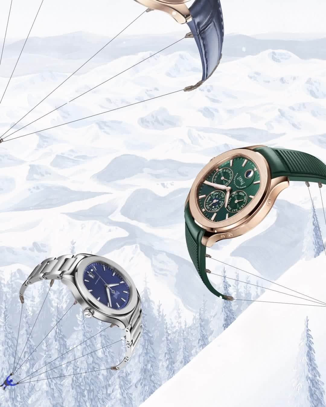 ピアジェのインスタグラム：「Let’s soar! Let’s explore! Bring on adventure this winter with the best accessories. The Piaget Polo Perpetual Calendar Ultra-Thin watch in green for the eclectic. The Piaget Polo Date watch for the stylish dandy. The Piaget Polo Skeleton watch for the chic and demanding. There’s something for everyone and every fun!  Illustration by @yukiko.noritake  #Piaget #MaisonOfExtraleganza  #PiagetSociety #Piagetholidays #PiagetPolo」