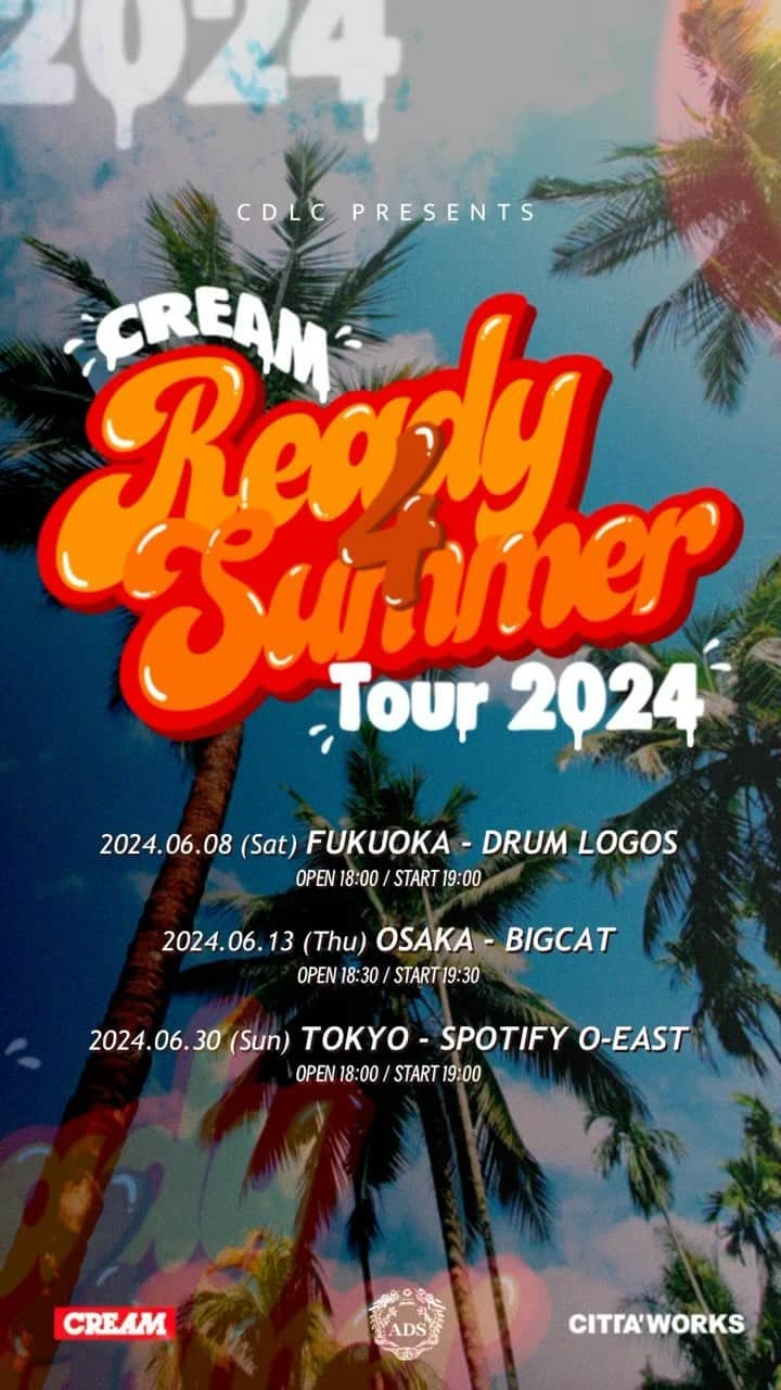 Staxx Tのインスタグラム：「CREAM 5年ぶりのワンマンライブツアーです🔥  コロナやらなんやらで全然出来なかったけどやっと企画できました。  11/23 (木) から Fanicon 内オフィシャルファンクラブ CREAM TEAM DX/PRM で先行販売開始してます🙏🏽 トップページのリンクの中から  https://fanicon.net/ticket/3393 ↑これ探してください🙏🏽  開催日程は2024年の夏本番目前、福岡 6/8 (土) @DRUM LOGOS、大阪 6/13 (木) @BIGCAT、東京 6/30 (日) @Spotify O-EASTの3箇所開催！  Ready4Summer!! って感じで CREAM とパーティーしましょ🌴  チケット購入はお早めに🙏🏽」