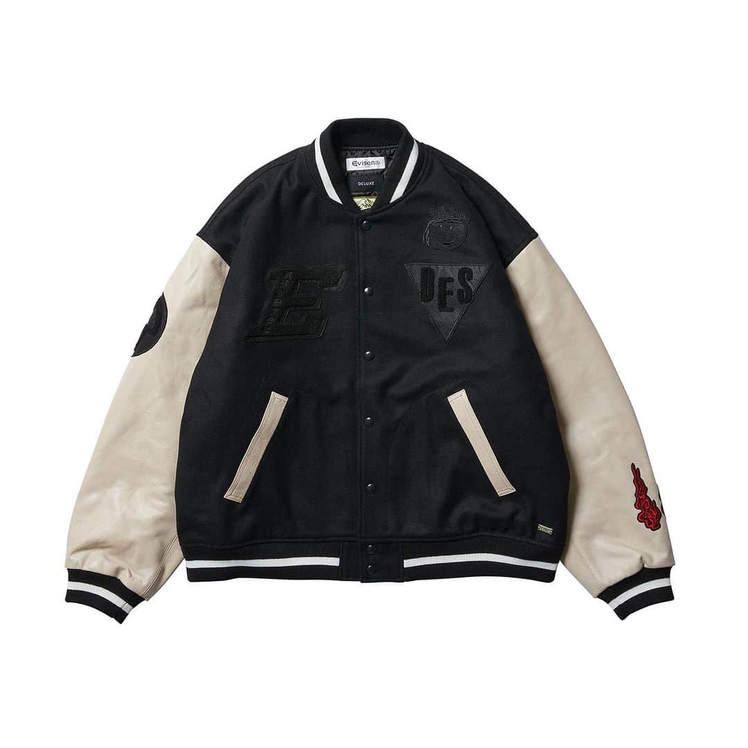 デラックスのインスタグラム：「DELUXE x EVISEN COLLABORATION ITEMS   2023.11.25(sat) 12:00pm   DELUXE x EVISEN VAR SITY BOYS JACKET  DELUXE x EVISEN ZENAKU KNIT SHIRTS  DELUXEオフィシャルECサイト及びDELUXEオフィシャルディーラーでのローンチです。   20周年の節目に際し、2011年、ディレクターの南勝己を中心とするスケートボーダーたちによって発足した日本のスケートブランド EVISENとのチームアップコレクションを発表致します。  #deluxe_jp」