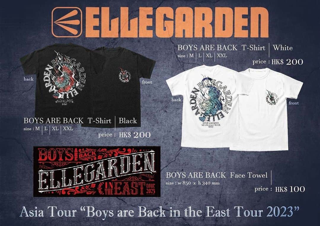 ELLEGARDENさんのインスタグラム写真 - (ELLEGARDENInstagram)「⁡ 「Boys are Back in the East Tour 2023」香港公演にて販売するオリジナルグッズはこちらとなります。 ※会場限定での販売となります。 ⁡ 【販売時間】 11/27(月) Music Zone@E-Maxl：17:30～ ⁡ 【購入制限】 ※お一人様一会計につき、各アイテム4点まで（カラー展開のあるものは各色4点まで）とさせていただきます。 ⁡ ＝＝＝＝＝＝＝＝＝＝ ⁡ "Boys are Back in the East Tour 2023" Tour Merchandise Information[Hong Kong] Please note that these items will be exclusively sold at the venue. ⁡ 【Sales Hours】 - 11/27(Mon) at Music Zone@E-Maxl: 5:30 PM onward ⁡ 【Purchase Limit】 - Each person is limited to a maximum of 4 items per transaction (up to 4 items per color variation for items with multiple colors). ⁡ ＝＝＝＝＝＝＝＝＝＝ ⁡ 「Boys are Back in the East Tour 2023」將於香港場販售原創周邊。 ※各會場限定販售   【周邊販賣時間】 11/27(一) Music Zone@E-Maxl：17:30～   【商品購入注意事項】  ※一次結帳，每人每樣商品限購四件。（同件商品不同顏色的情況下，一色限購四件。）  #ELLEGARDEN  #BoysareBackintheEastTour2023  #MusicZone」11月24日 18時00分 - ellegarden_official