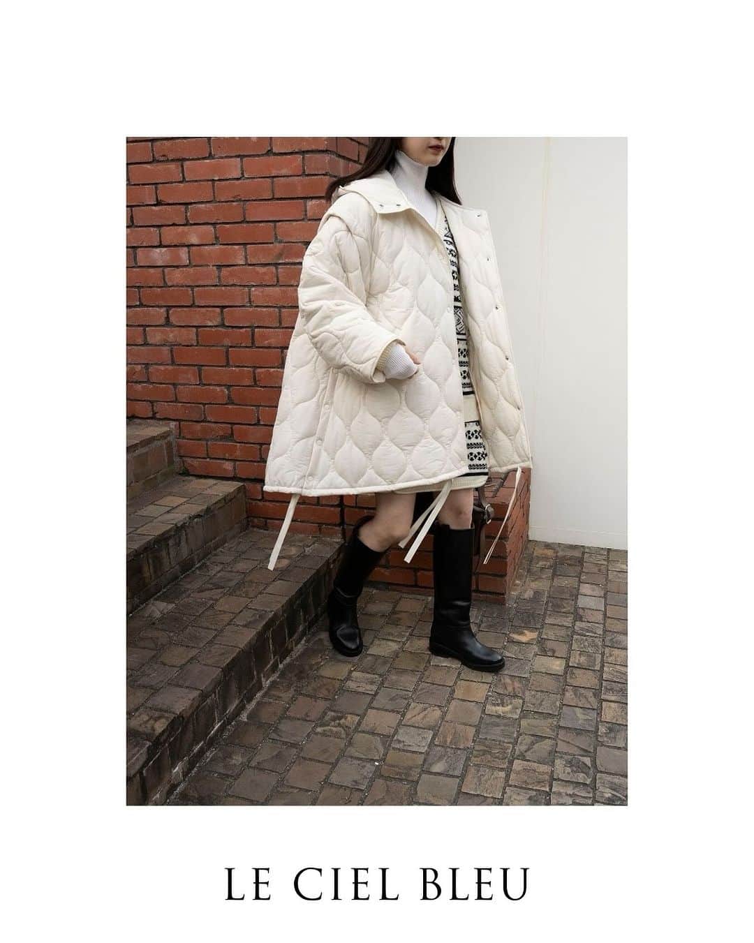 ルシェルブルーのインスタグラム：「NEW ARRIVAL >>> IN STORE NOW . . ☑︎ 2way Padded Cocoon Coat ¥38,000+tax (Color: Black, White)  ☑︎ Deformation Jacquard Top ¥21,000+tax (Color: Gray, Off White)  ☑︎ Jacquard Knit Skirt ¥16,000+tax (Color: Gray, Off White)  #lecielbleu #ルシェルブルー　#aw23 #fashion #styling #coat #2way #padded #cocoon #jacquard #knit #skirt」