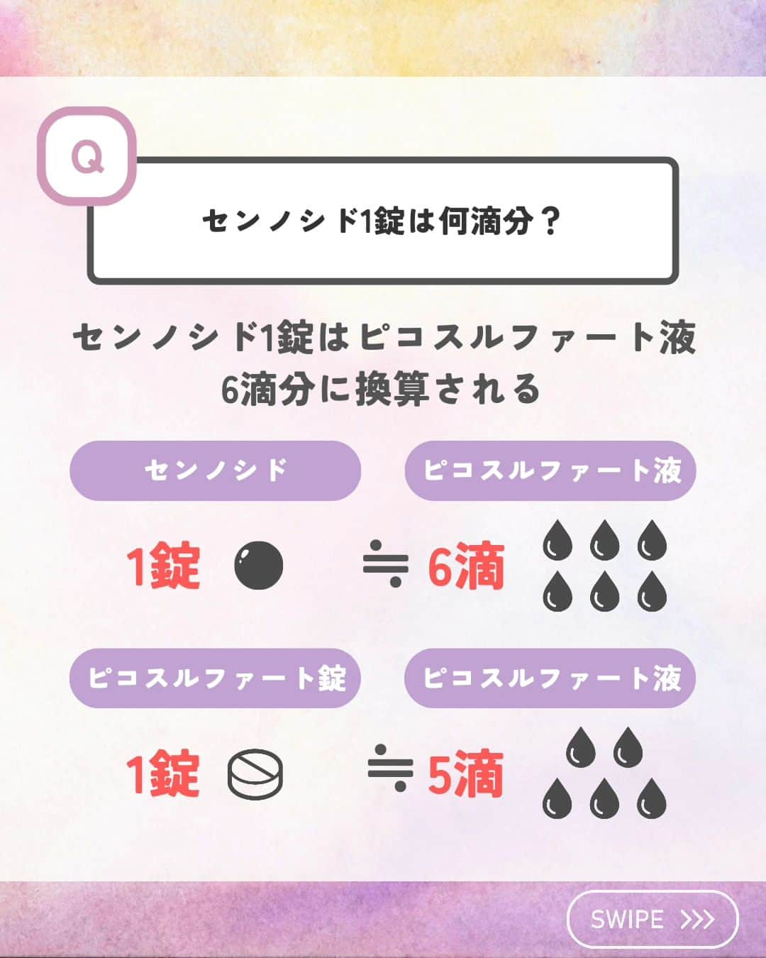 ひゃくさんさんのインスタグラム写真 - (ひゃくさんInstagram)「@103yakulog で薬の情報発信中📣 どーも、病院薬剤師のひゃくさんです！  今回はピコスルファート（ラキソベロン）でよくある質問についてです✌  下剤の中でもよく見る薬なので、あいまいにしてたところをしっかりおさえていきましょう🫡  この投稿が良かったと思ったら、ハートやシェア、コメントお願いします✨ 今後の投稿の励みになります🙌」11月24日 18時58分 - 103yakulog