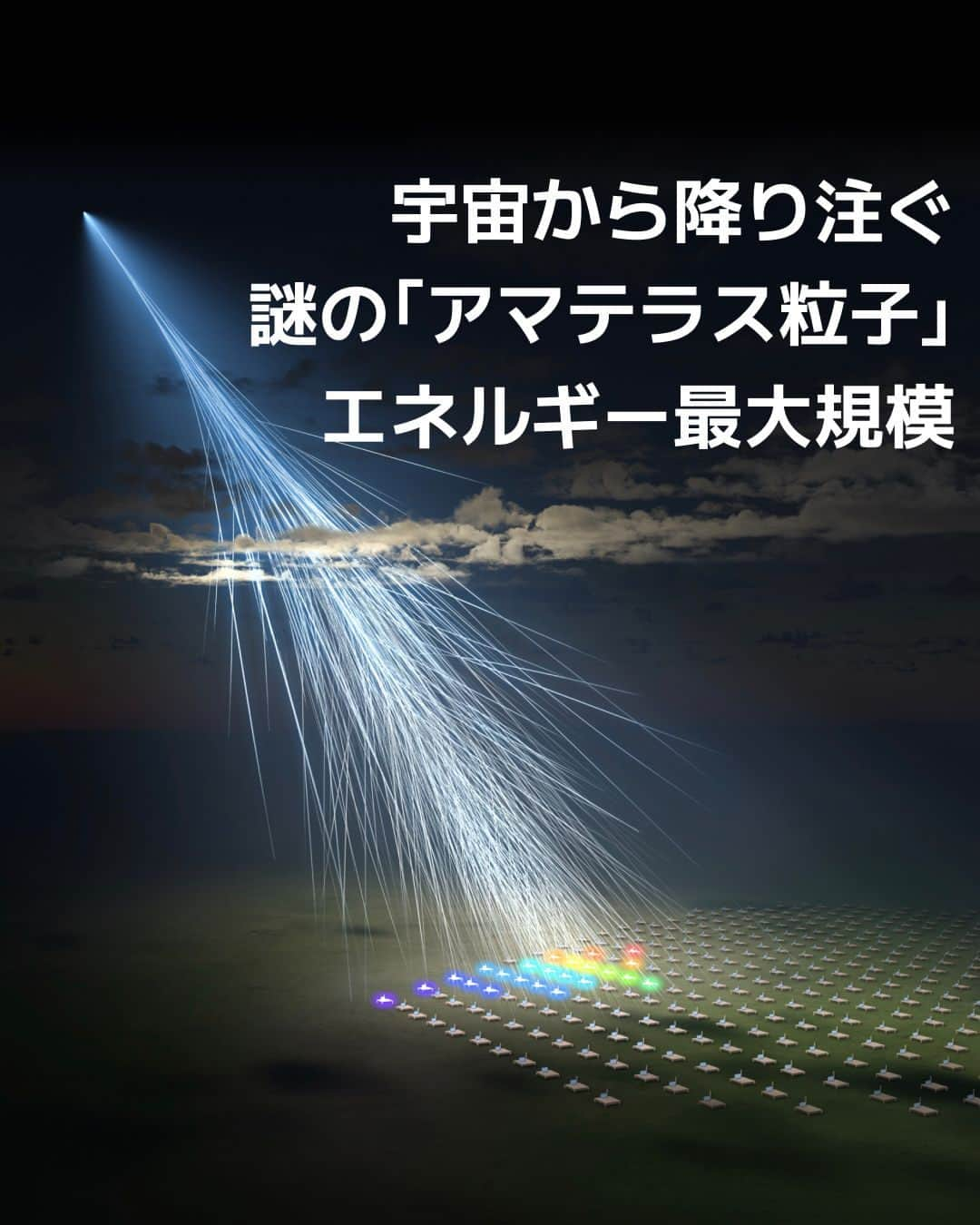 日本経済新聞社さんのインスタグラム写真 - (日本経済新聞社Instagram)「大阪公立大学などの国際研究チームは観測史上、最大規模のエネルギーを持つ宇宙線を観測しました。この宇宙線を構成する粒子を「アマテラス粒子」と名付けました。正体は謎で、発生源をたどれば、天体で起きる新しい現象の発見につながる可能性があります。⁠ （画像は大阪公立大学/京都大学L-INSIGHT/Ryuunosuke Takeshige提供）⁠ ⁠ 詳細はプロフィールの linkin.bio/nikkei をタップ。⁠ 投稿一覧からコンテンツをご覧になれます。⁠→⁠@nikkei⁠ ⁠ #日経電子版 #ニュース #宇宙 #科学 #space #science」11月24日 19時01分 - nikkei