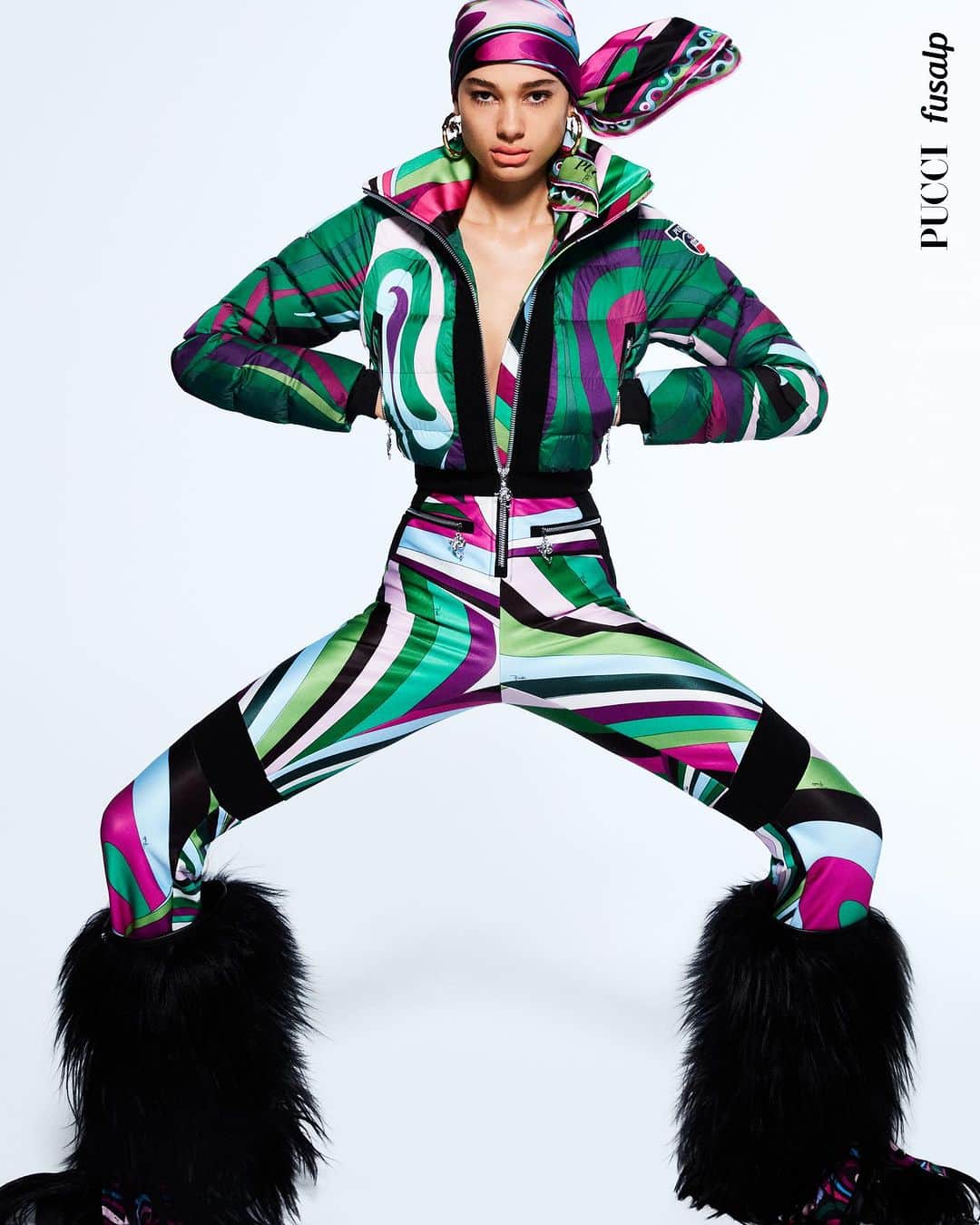 エミリオプッチのインスタグラム：「The Fusalp signature ski suit infused with icy Pucci hues; an alluring statement in outdoor style.   Available now in stores and online.  #PuccixFusalp」