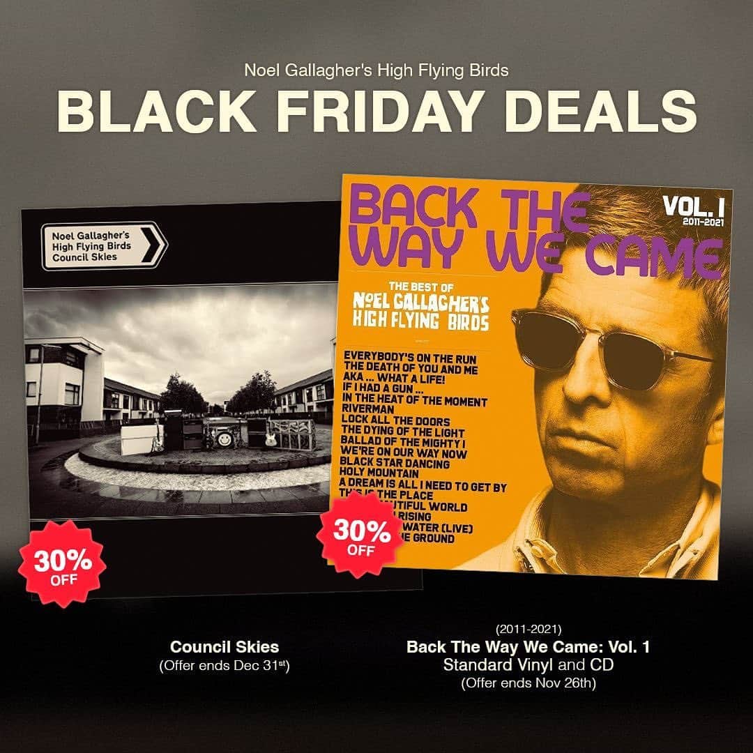ノエル・ギャラガーのインスタグラム：「✸ BLACK FRIDAY SALE ✸ For a limited time only, selected ‘Council Skies’ and ‘Back the Way We Came: Vol. 1 (2011–2021)’ album formats are discounted by 30% on the official store! Don’t miss out (link in bio)」