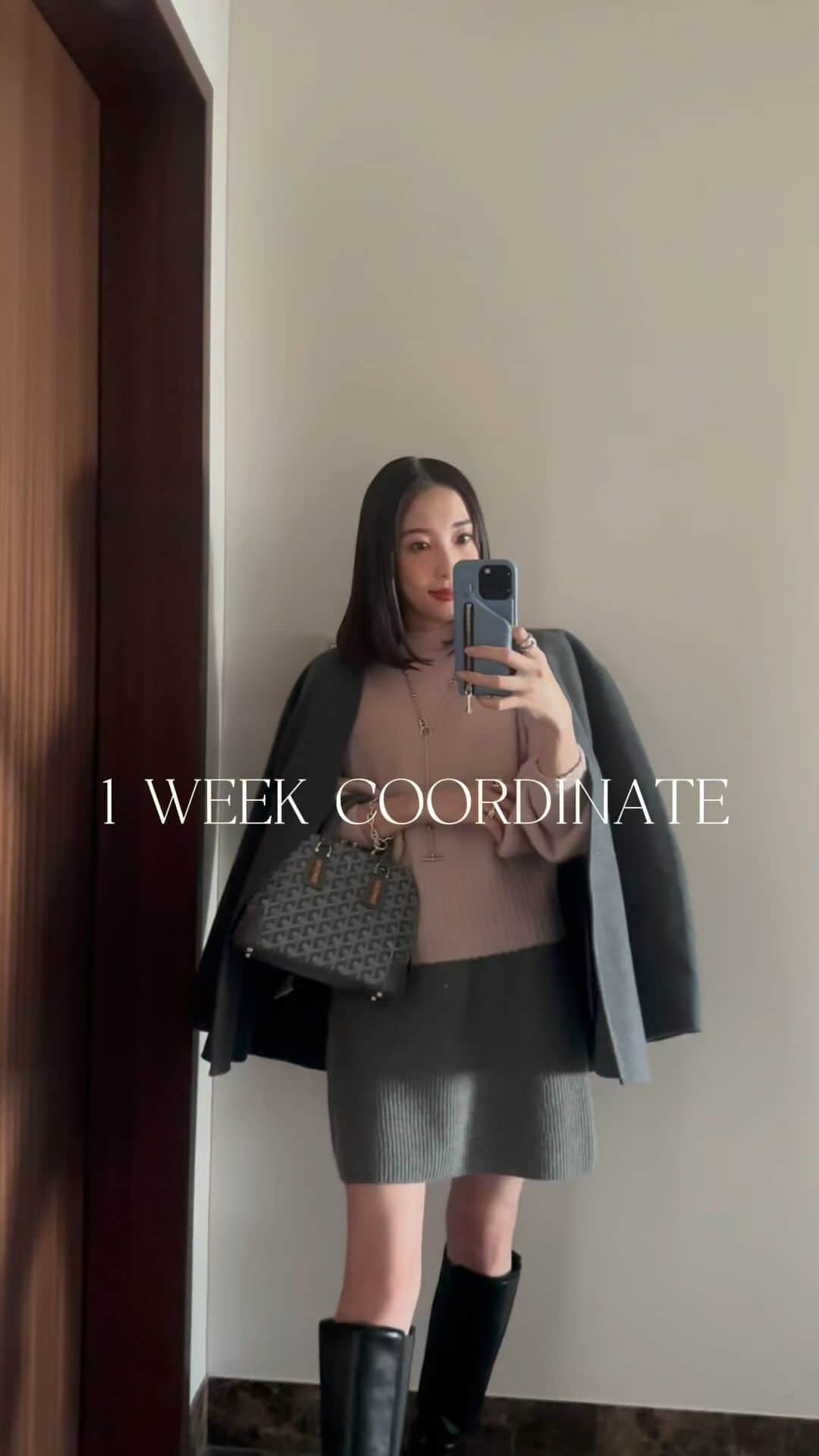 冨張愛のインスタグラム：「1週間coordinate🪞 お気に入りを見つけると🔍 ついそればかり着てしまう性格です。　 仕事の日はシワになりにくく着心地快適で シンプルで合わせやすい@newans.official の アイテム登場頻度がかなり高い☺️✌️  ✔︎ 日曜日　Sunday coat & knit #Newans skirt #UNIQLO boots  hiand bag  goyard  ✔︎ 月曜日　Monday coat & tops  Newans denim  Yanuk shoes  CHANEL  ✔︎ 火曜日　Tuesday coat  Newans pants  #plst shoes  Manolo Blahnik  ✔︎ 水曜日　Wednesday knit  beatrice setup  Newans shoes  adidas stansmith  ✔︎ 木曜日　Thursday blouse  pinkyanddianne skirt  Newans shoes  Hermes  ✔︎ 金曜日　Friday coat  Newans knit  stola skirt  akiki shoes  VALENTINO  ✔︎ 日曜日　Sunday knit  Newans denim  Yanuk sneaker  nike × sacai * #pr #instagood #coordinate #ootd #outfit #fashion #instafashion #meg_ootd #kelly25 #코디네이트 #패션 #카메라 #コーディネート #コーデ #ファッション #今日のコーデ #今日の服 #157cmコーデ #1週間コーデ #コーディネートリール #コーデリール #着回しリール #ニット #ピンクニット #コート #着回しコーデ」